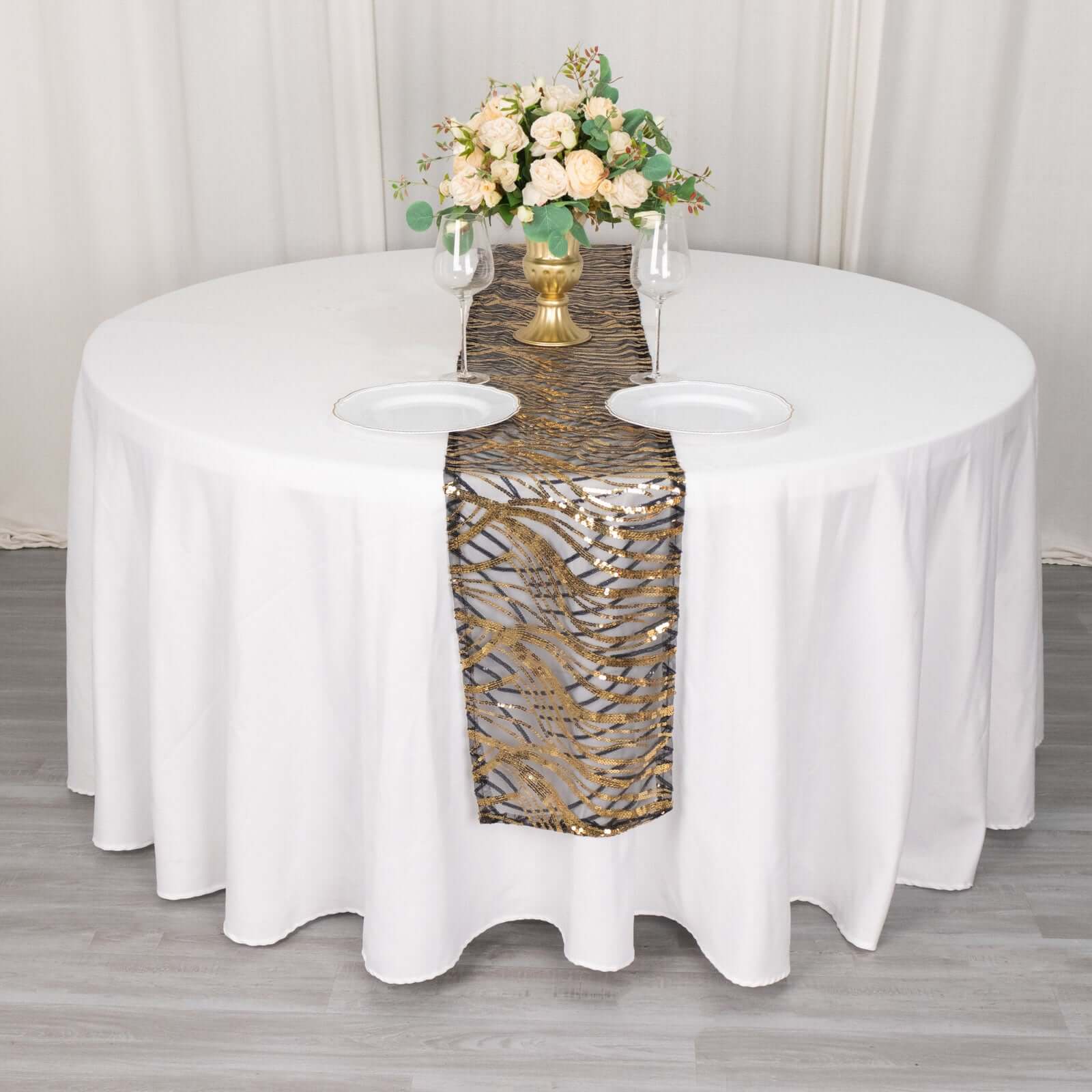 Sequin Mesh 12x108 Table Runner Black Gold Stylish Wave Embroidery