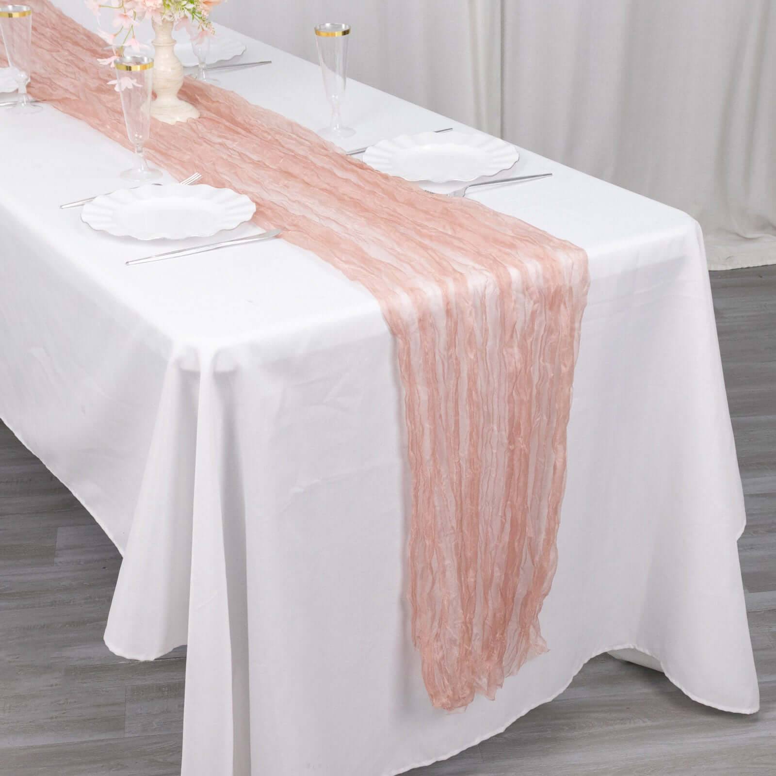 Sheer Crinkled Organza 9ft Table Runner Dusty Rose - Rustic Chiffon Look