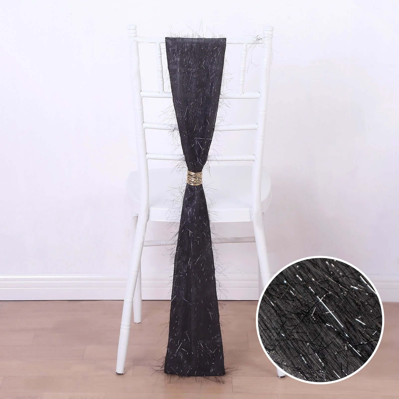 5 Pack Polyester Chair Sashes Black Metallic Tinsel Fringe - Easy to Use Chair Bows 6x108