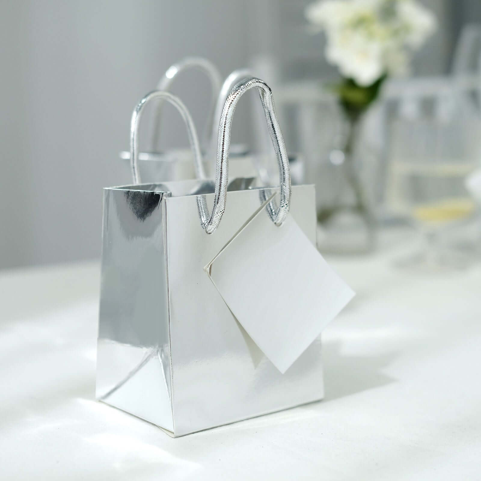 12 Pack 5 Shiny Metallic Silver Foil Paper Party Favor Bags With Handles, Small Gift Wrap Goodie Bags