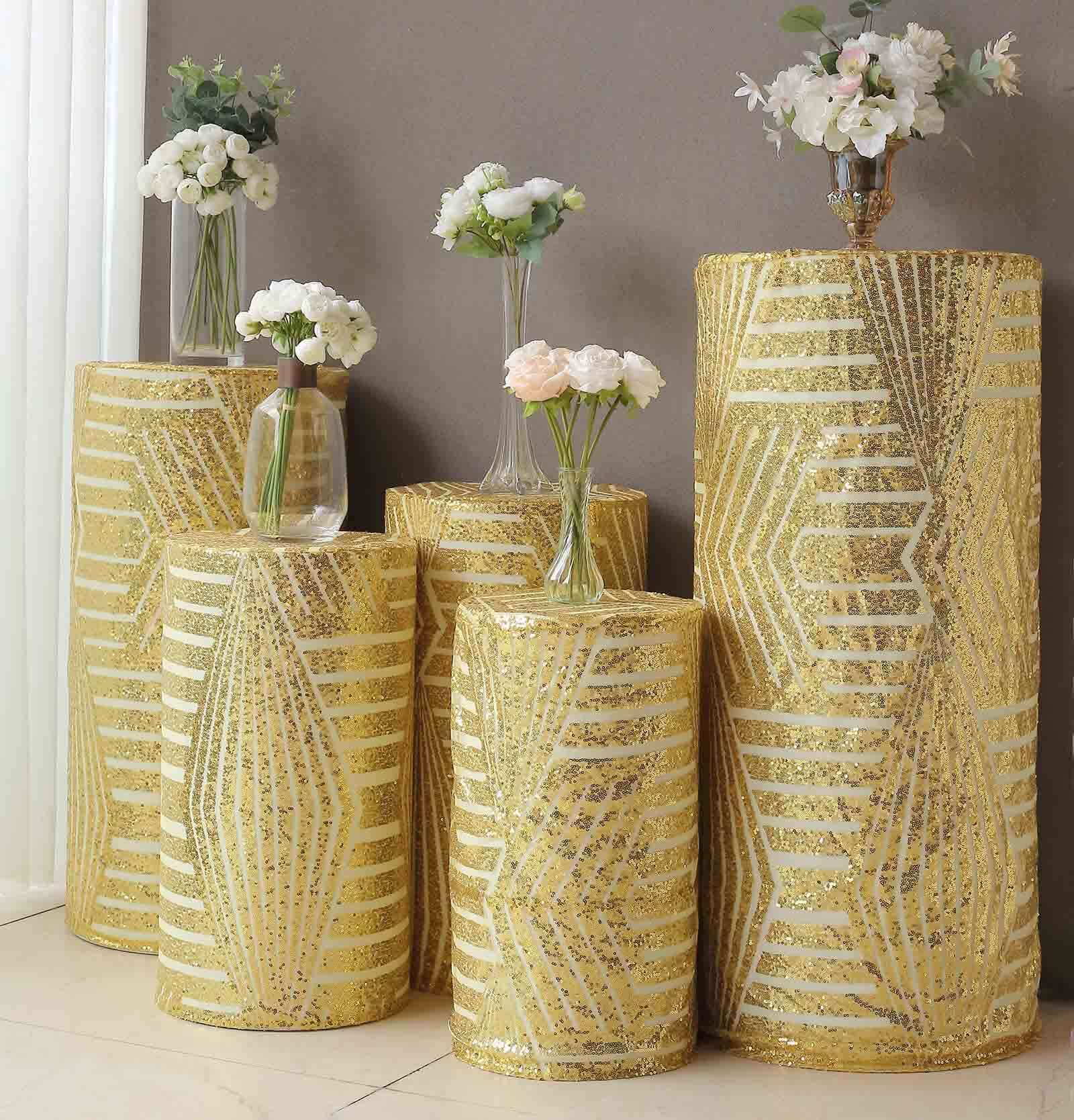 Set of 5 Gold Sequin Mesh Cylinder Pedestal Stand Covers with Geometric Pattern Embroidery, Sparkly Sheer Tulle Pillar Prop Covers