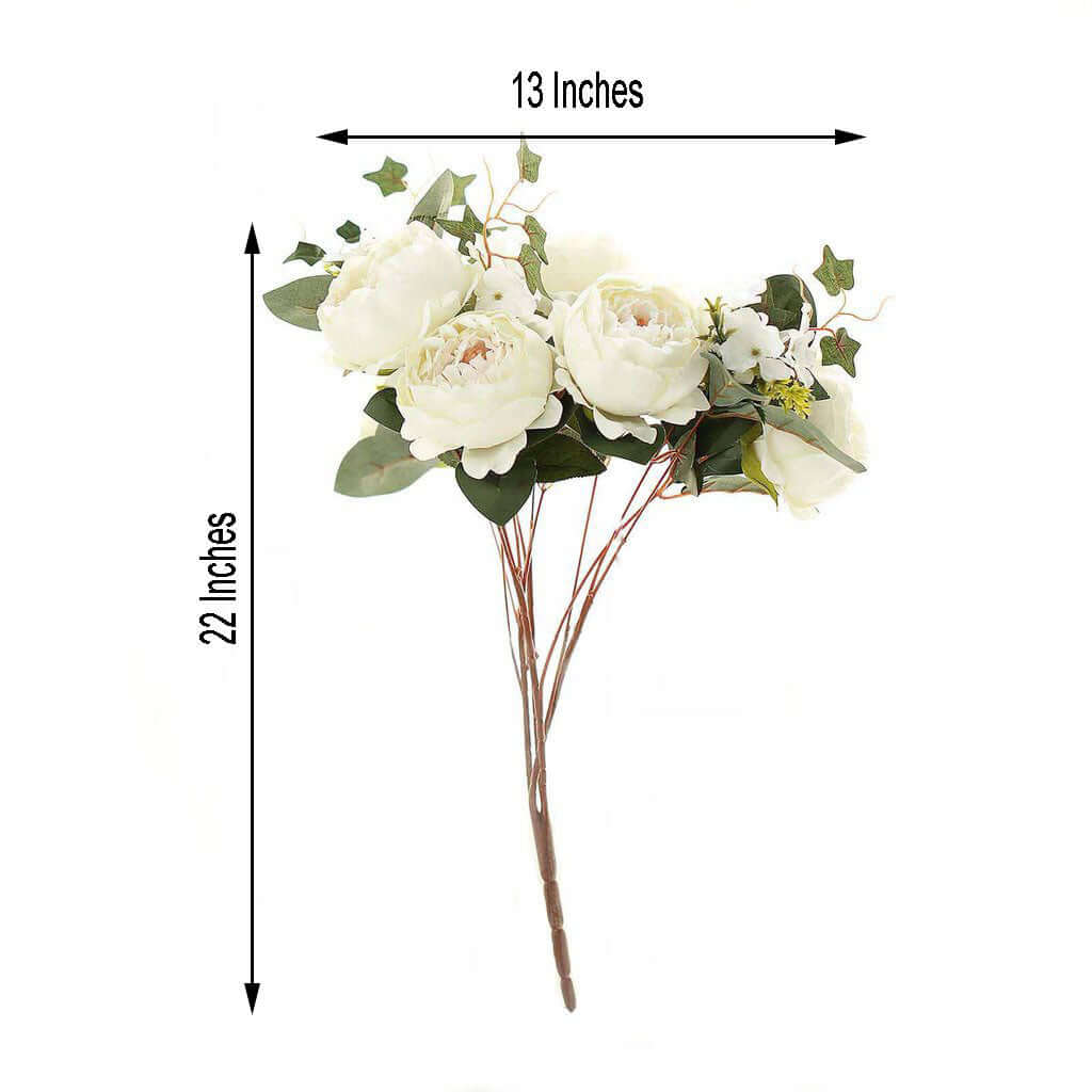 2 Bush Ivory Artificial Silk Peony, Rose and Hydrangea Flower Bouquet