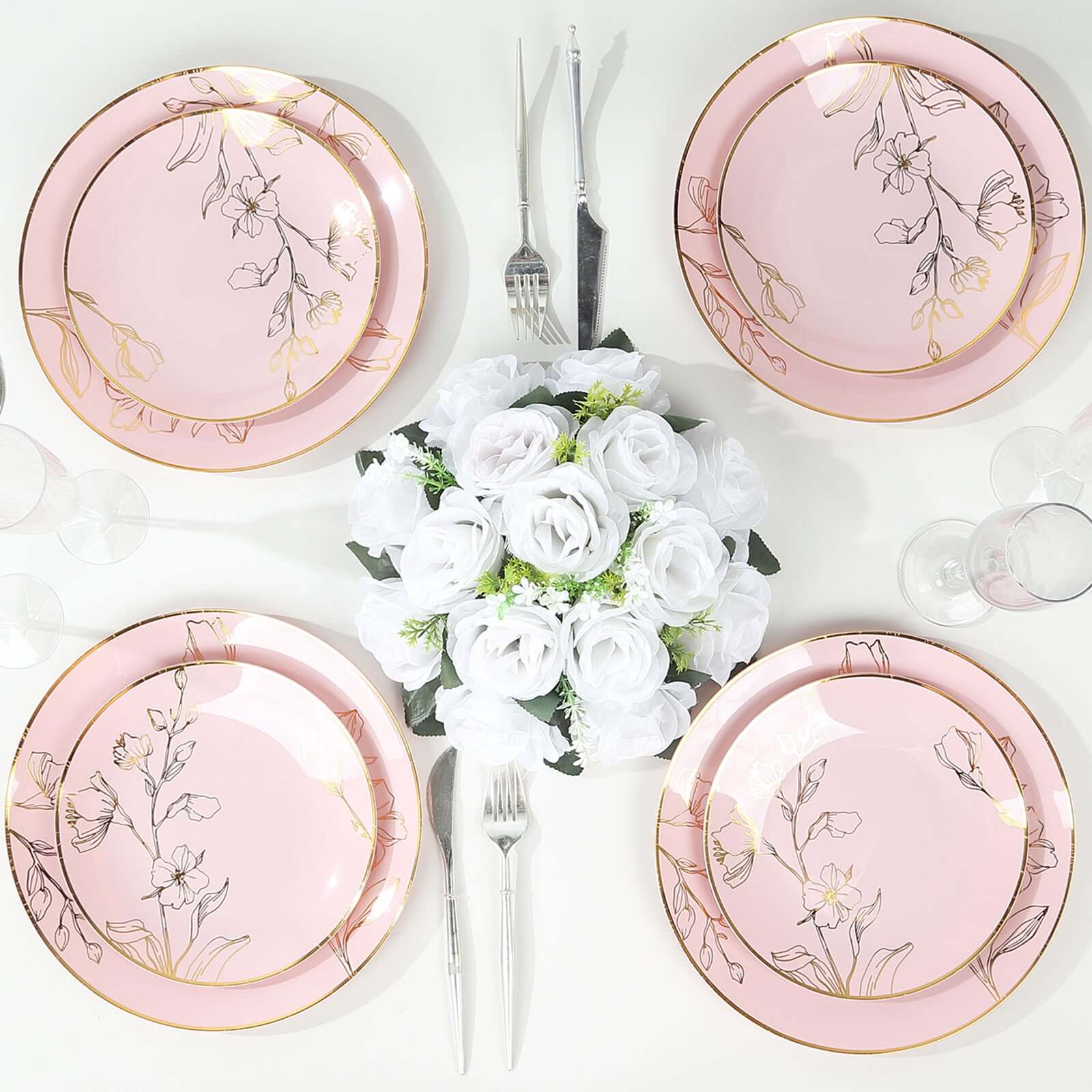 Set of 20 Plastic Round Dinner and Dessert Plates in Dusty Rose with Metallic Gold Floral Design - Stylish Disposable Dinnerware 8, 10