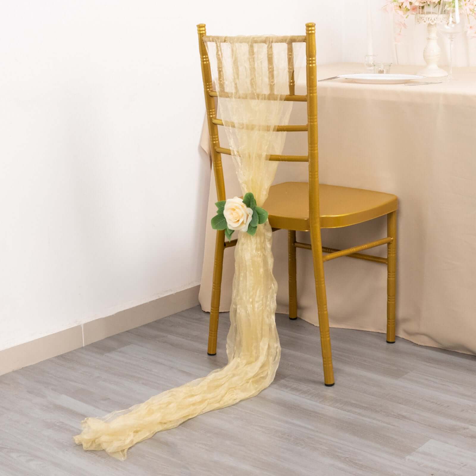 5 Pack Crinkled Organza Chair Sashes Champagne with Shimmer Chiffon Layers - Stylish Sheer Decor