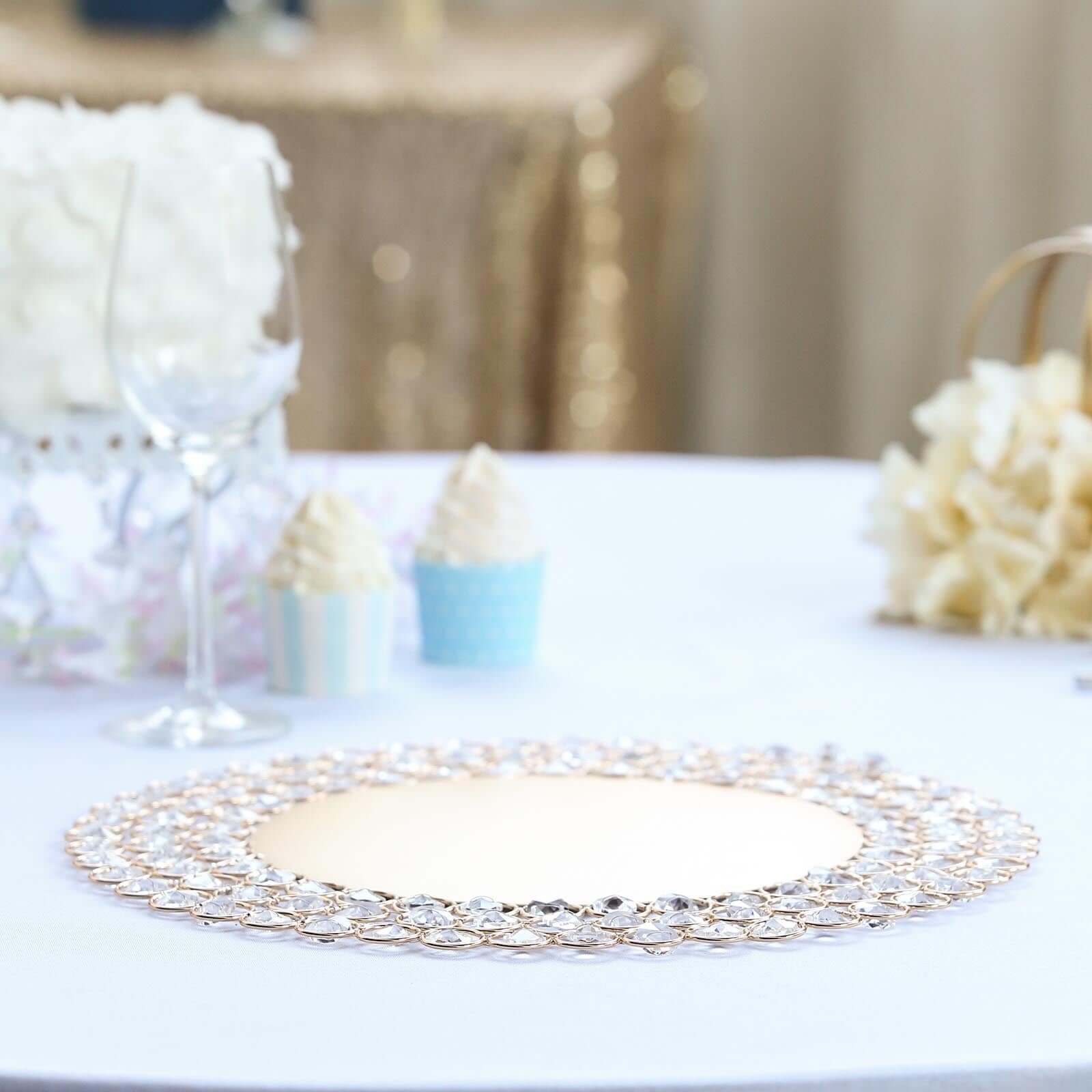 Wired Metal Round Charger Plate 14 in Gold with Acrylic Crystal Beads, Glamorous Decorative Dinner Charger Tableware