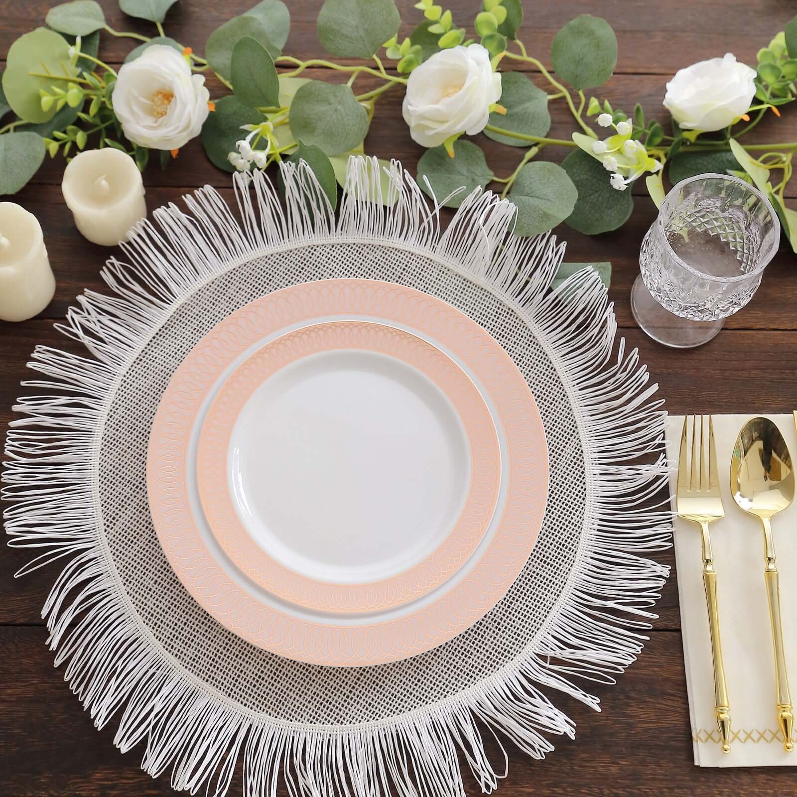 10-Pack Plastic Round Dessert Plates 7 White with Blush Rose Gold Spiral Rim - Chic Disposable Salad Plates for Events & Banquets