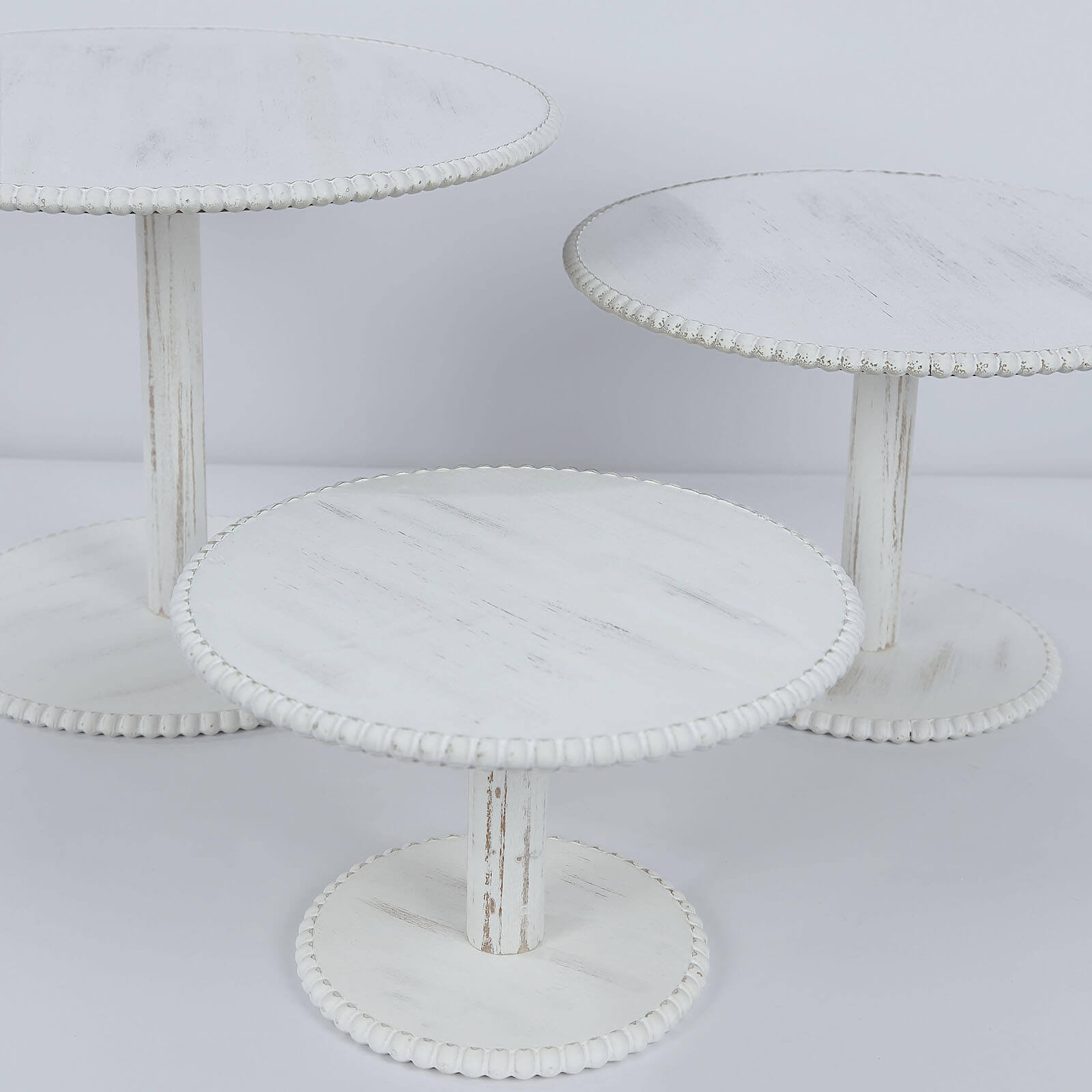 Set of 3 Wooden Pedestal Cake Stands Whitewash with Round Beaded Rim Trays - Stackable Rustic Cupcake Display 8, 10, 12