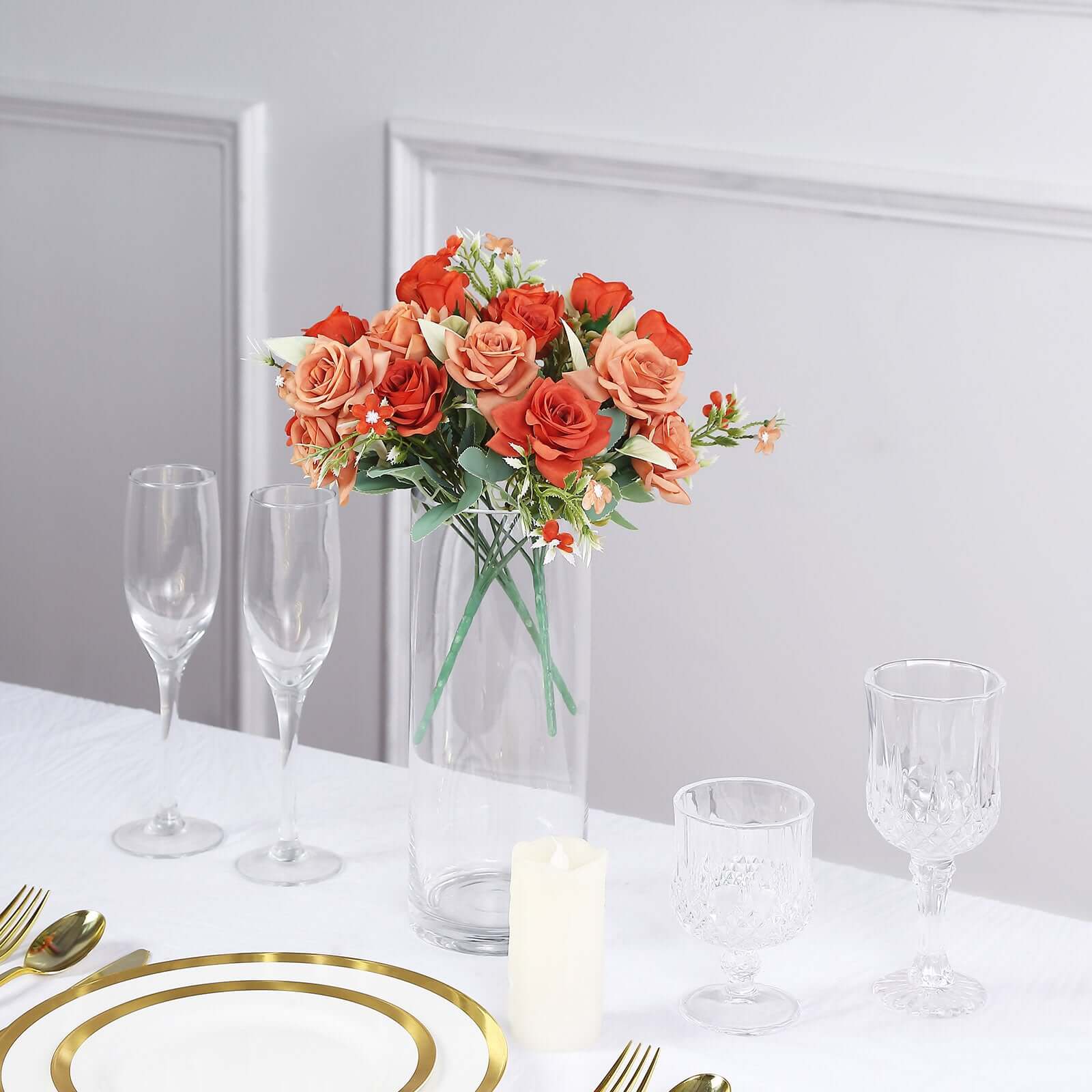 4 Bushes 12 Terracotta (Rust) Real Touch Artificial Silk Rose Flower Bouquet, Faux Bridal Flowers
