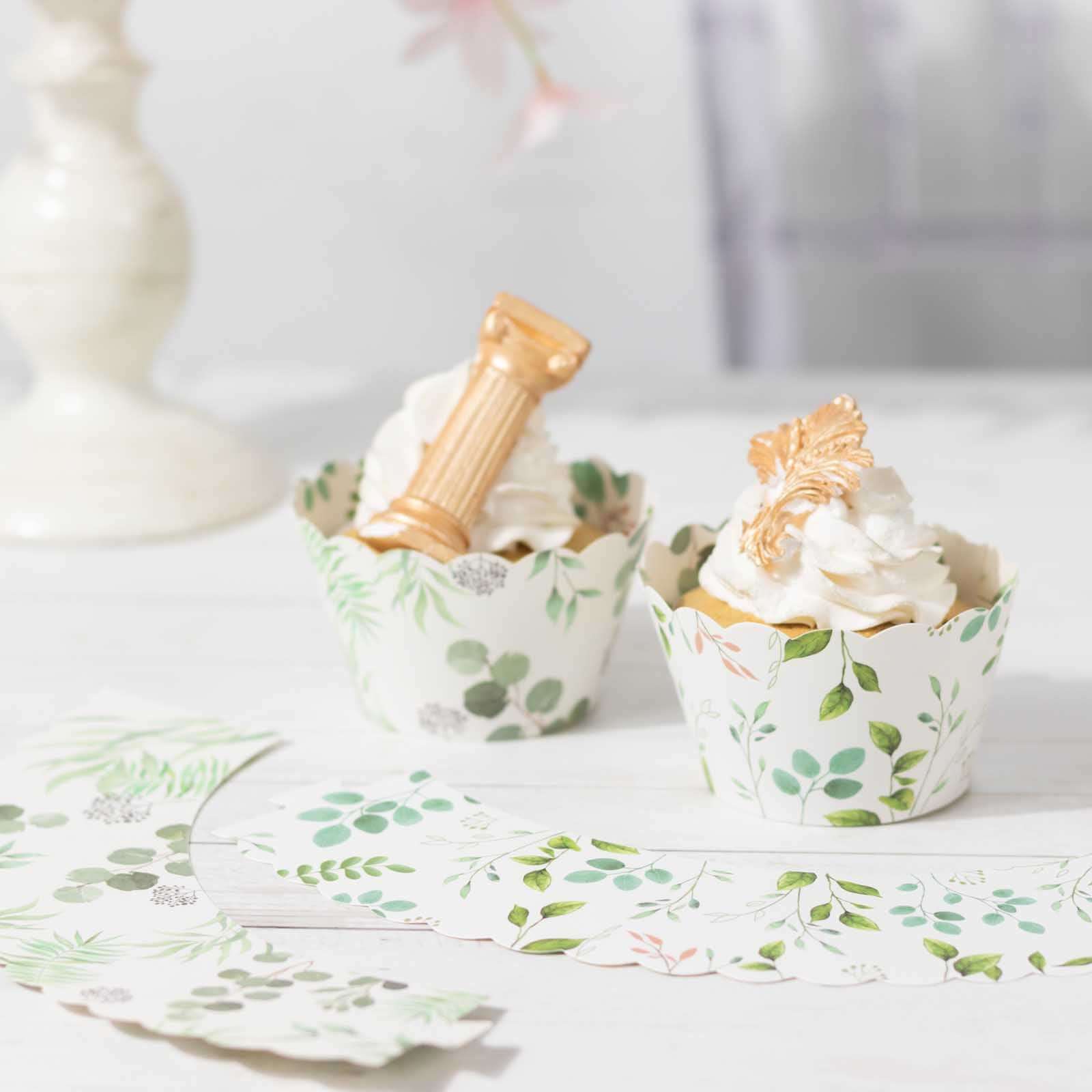 25-Pack Paper Cupcake Wrappers Eucalyptus Leaves Print White Green - Round Muffin Truffle Cup Liners 3