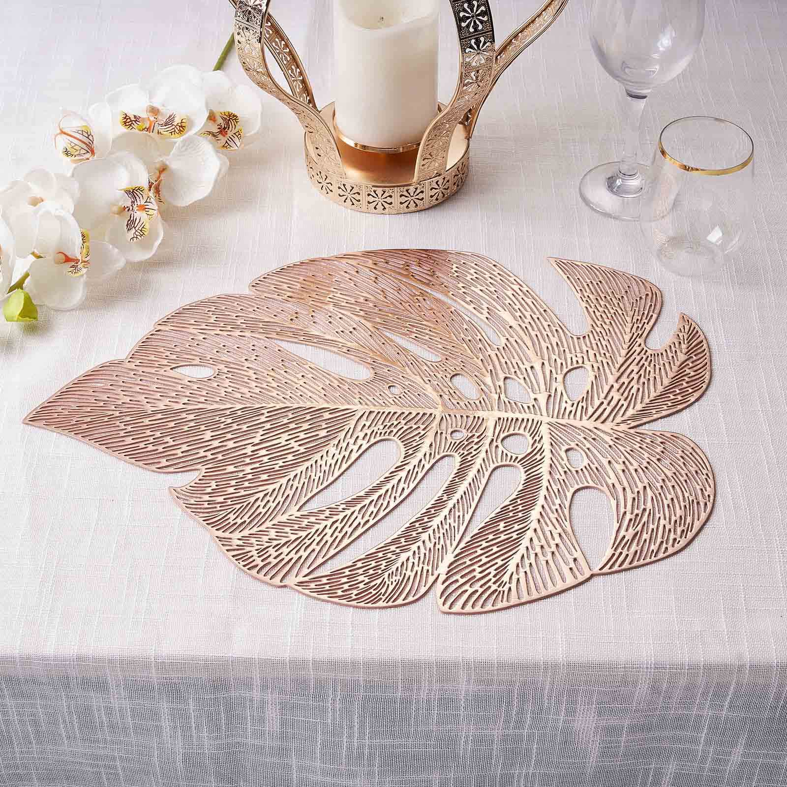 6-Pack Dining Table Mats Monstera Leaf Design Rose Gold - Vinyl Non-Slip Surface for Tropical Themes 18