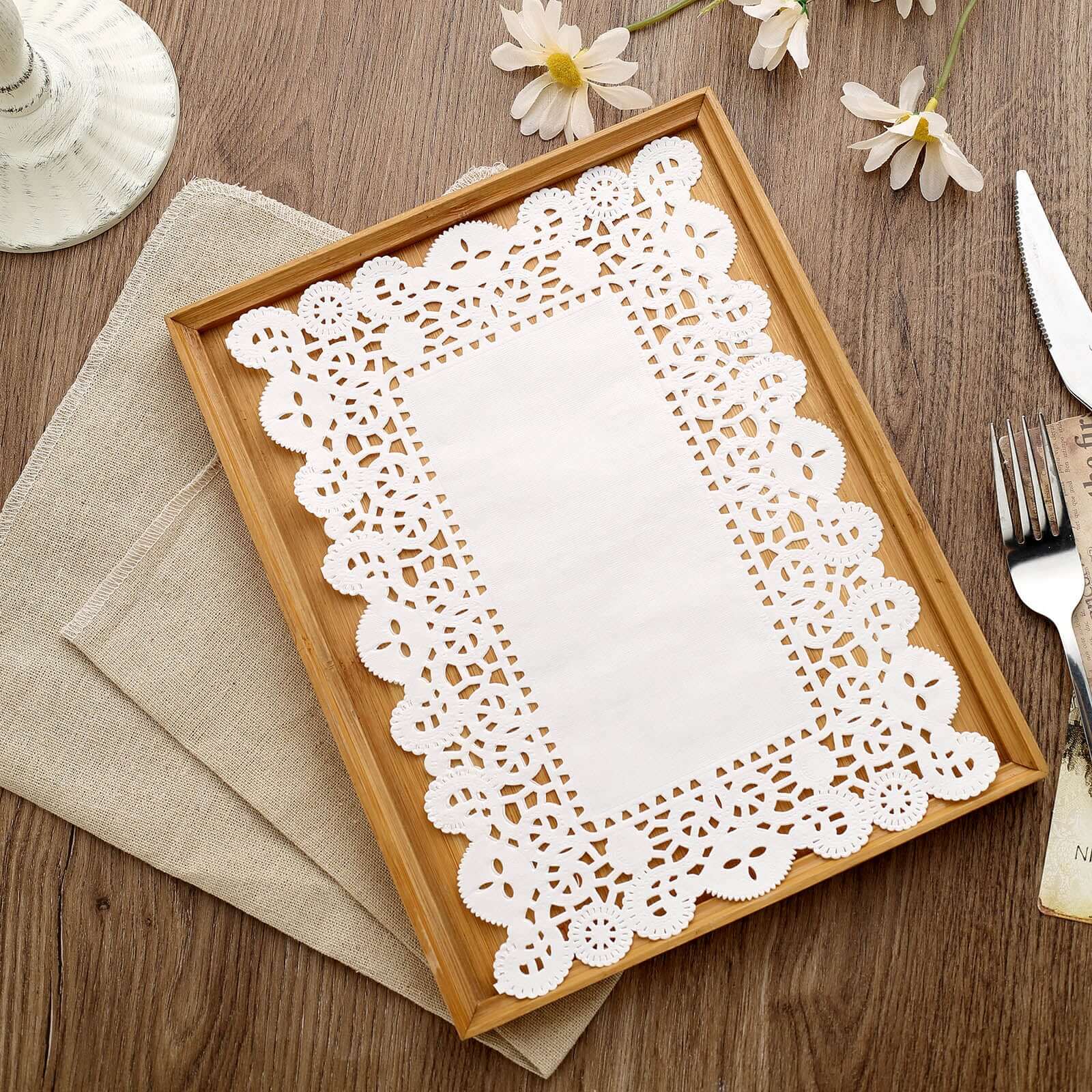 100 Pcs 7x10 Rectangle White Lace Paper Doilies, Food Grade Paper Placemats