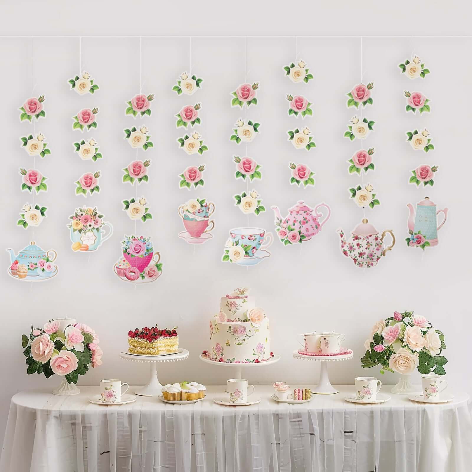 8 Pack Double Sided Floral Tea Party Paper Garland, 40 Pre-Assembled Mixed Teapot Banner Hanging Decorations