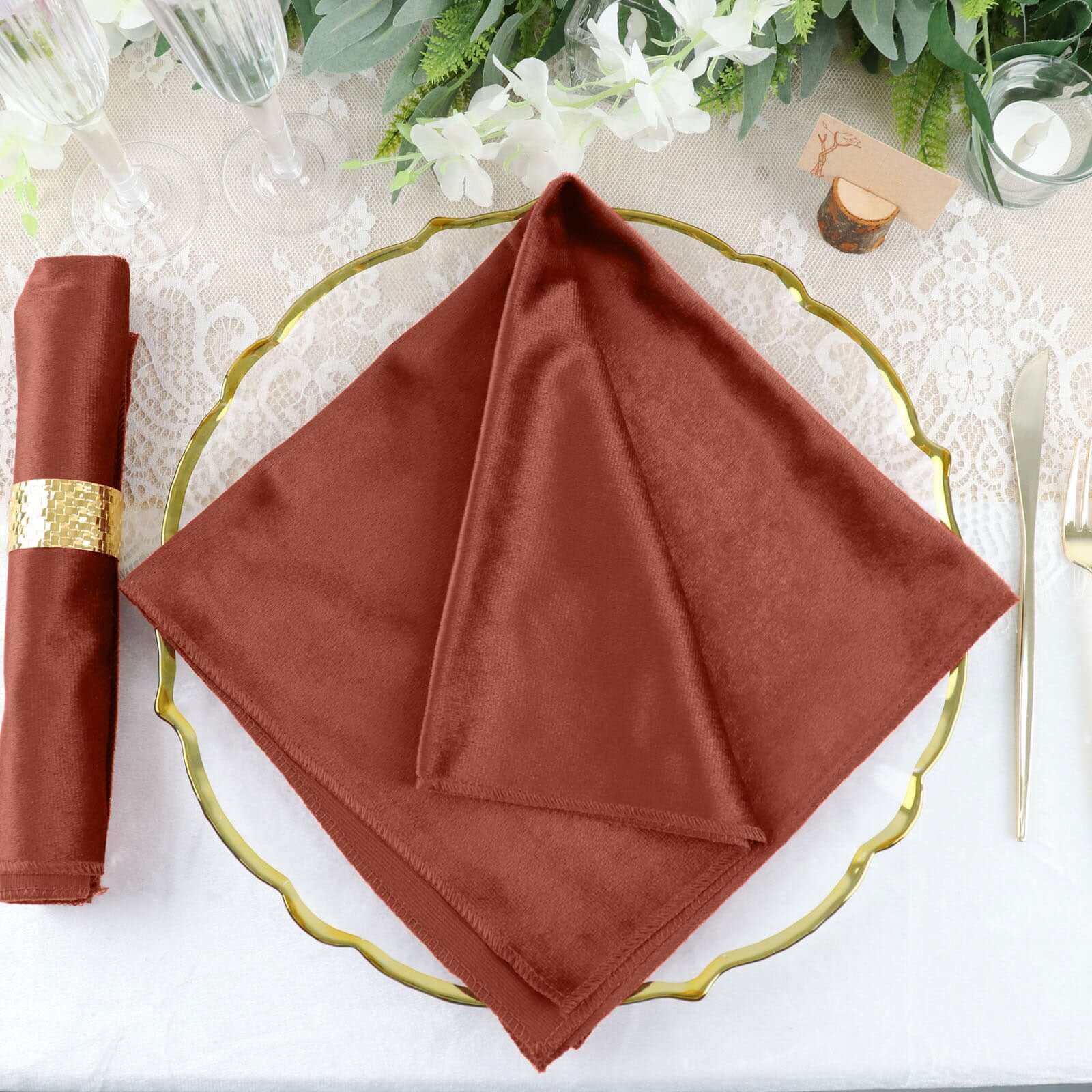 5 Pack Premium Velvet 20x20 Napkins Terracotta (Rust) - Soft Sheen Finish Cloth Napkins