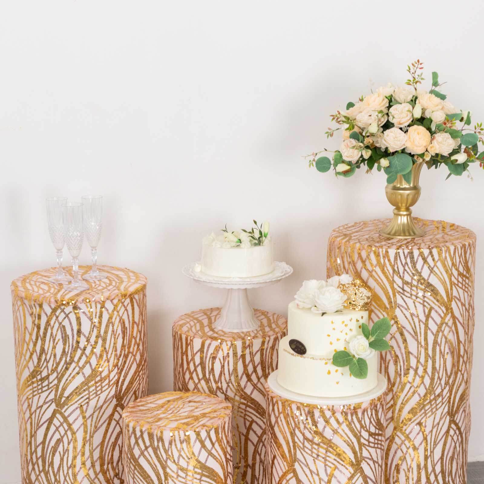 Set of 5 Rose Gold Wave Mesh Cylinder Pedestal Stand Covers with Embroidered Sequins, Pillar Prop Covers - 160 GSM