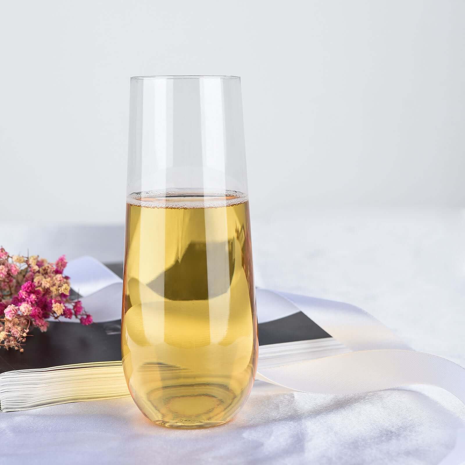 6-Pack Plastic Stemless Glasses Clear Champagne Flute Design - Reusable for Champagne 9oz