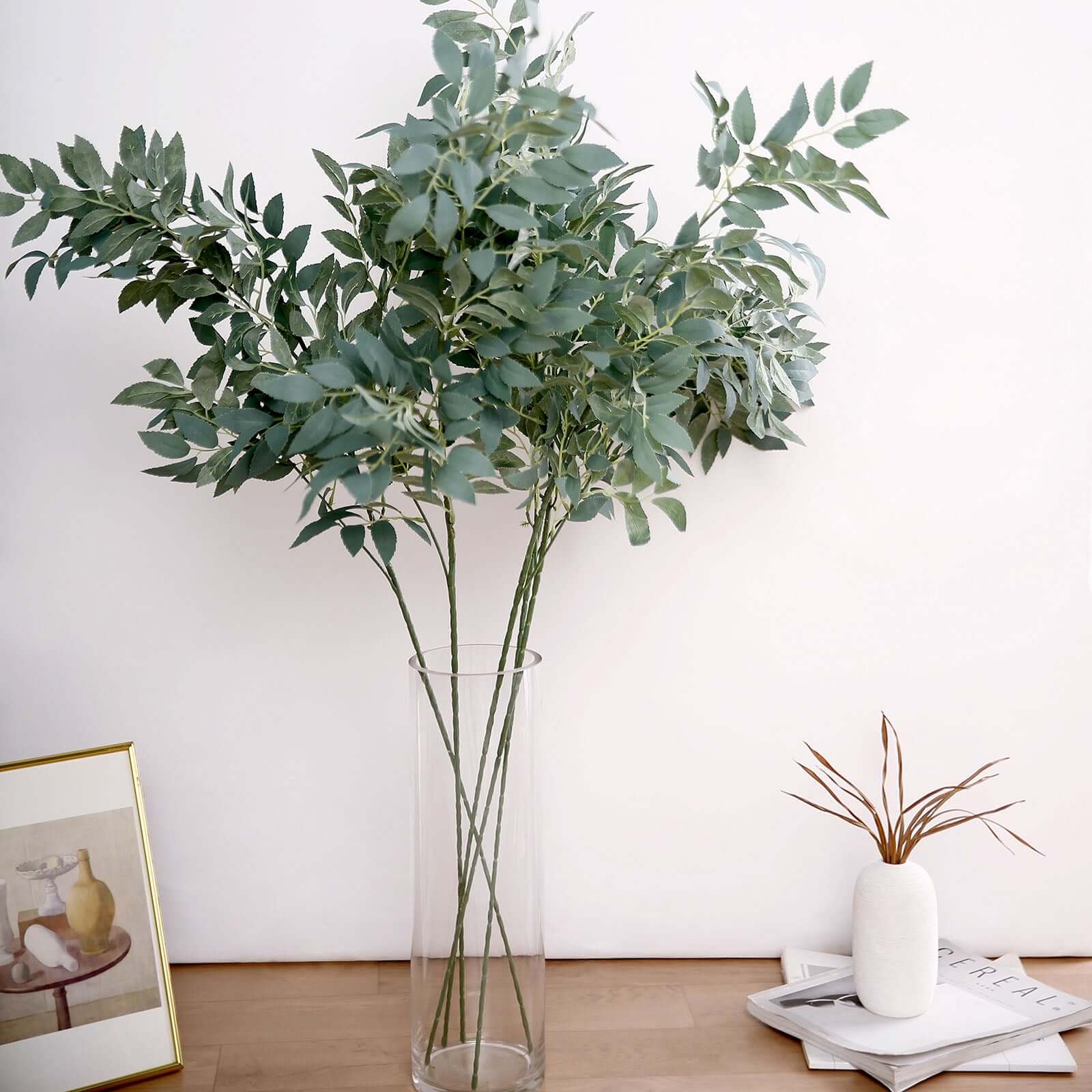 2 Bushes 42 Tall Frosted Green Artificial Silk Beech Leaf Branches, Faux Plant Stem Vase Fillers