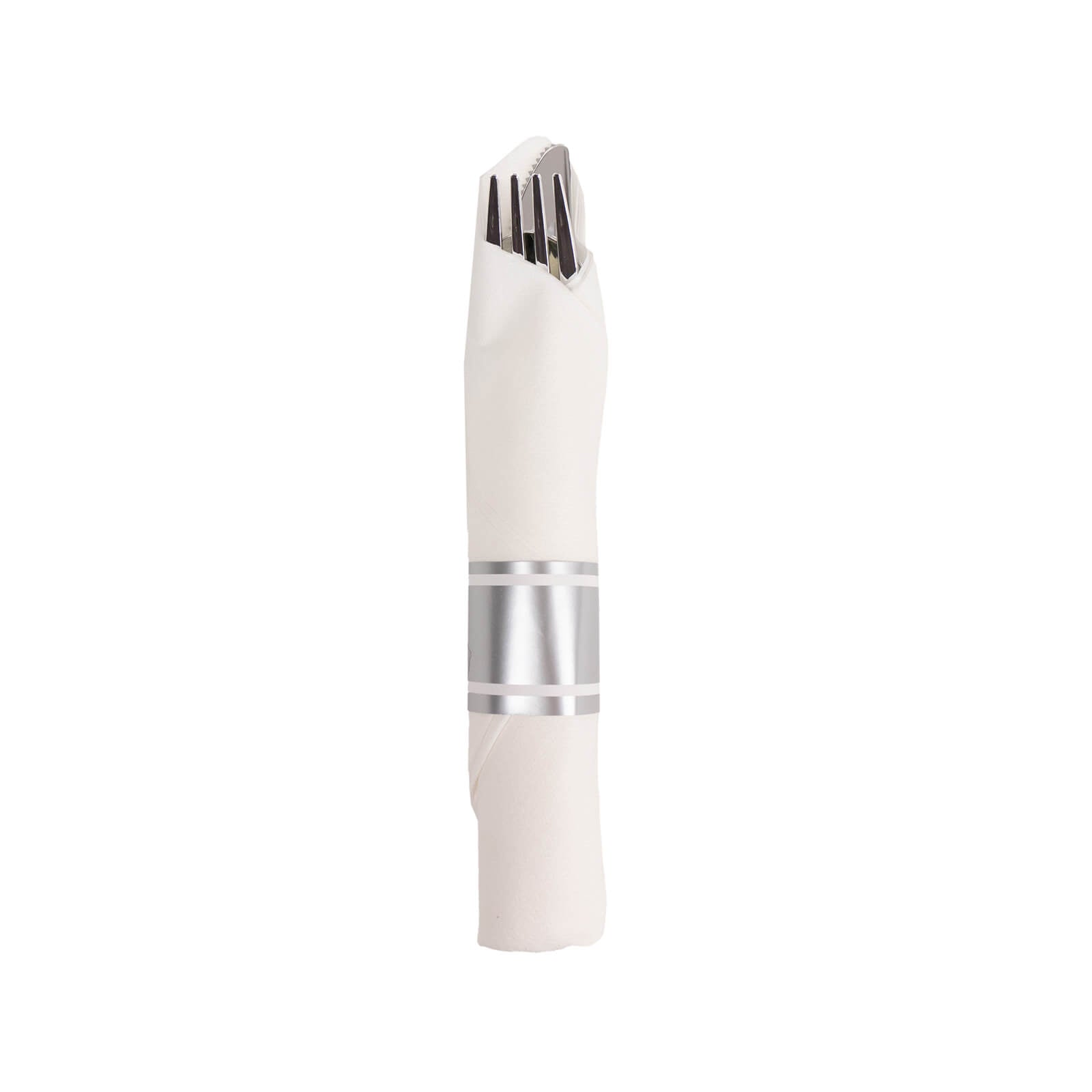 Set of 24 Silver Plastic Silverware with Pre-Rolled White Paper Napkins - Disposable Wrapped Fork, Spoon, and Knife Set