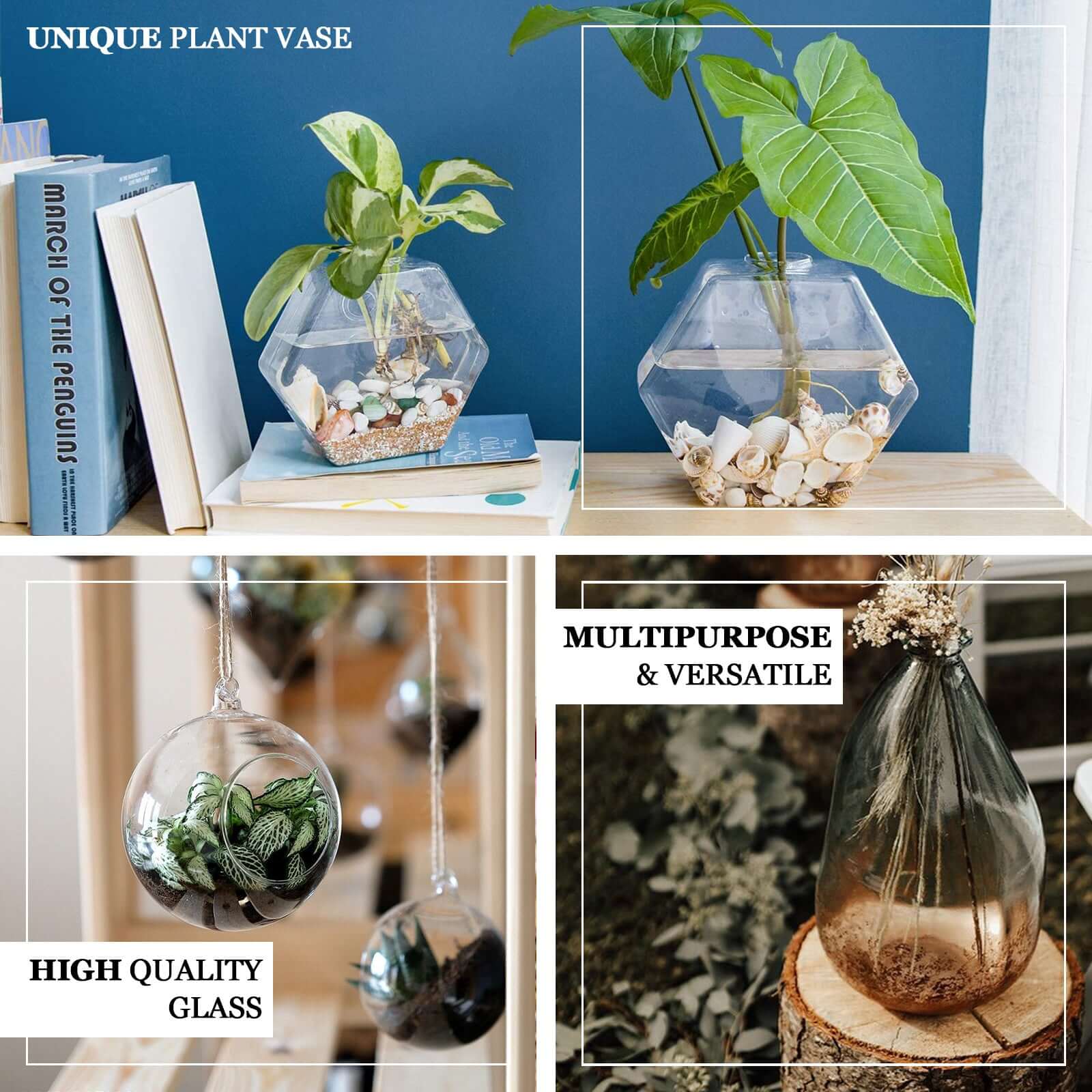 3-Pack Glass Wall Vase Hanging Rhombus Design Indoor Planters - Modern Wall Mounted Terrariums for Living Spaces