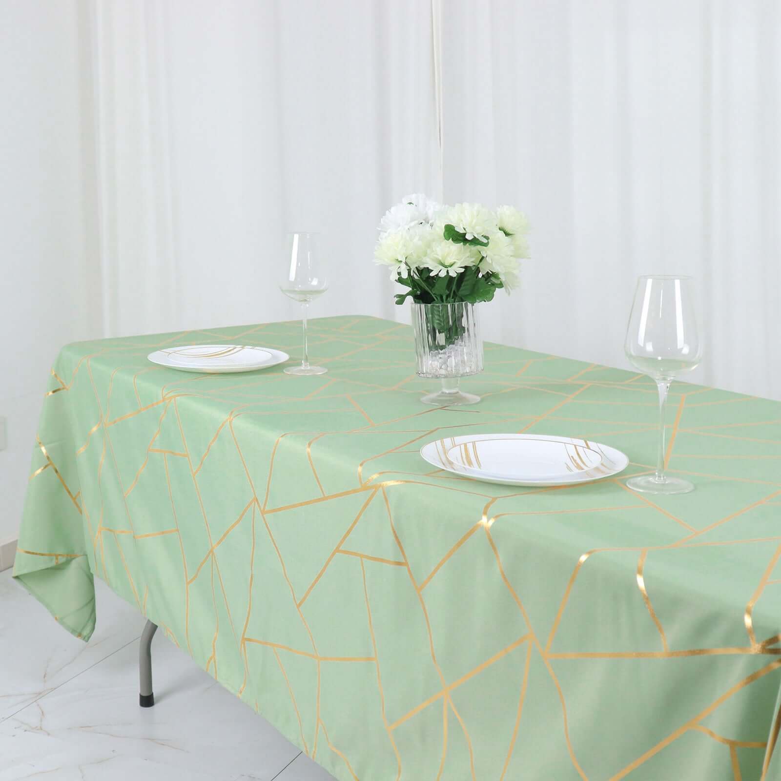 Polyester 60x102 Rectangle Tablecloth Sage Green with Gold Foil Geometric Pattern - Wrinkle-Resistant & Durable Table Cover