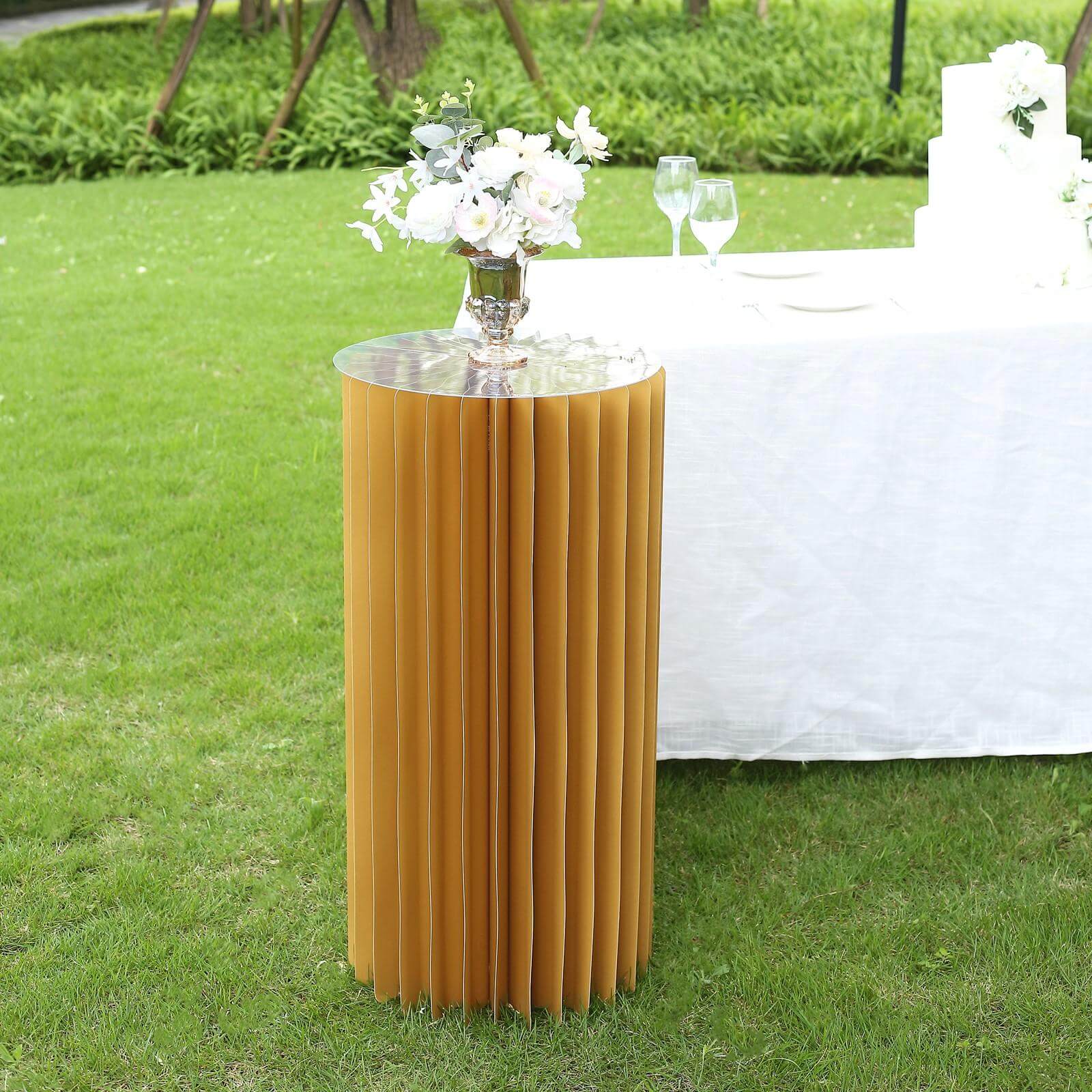 32 Gold Cylinder Display Column Stand, Pillar Pedestal Stand With Top Plate