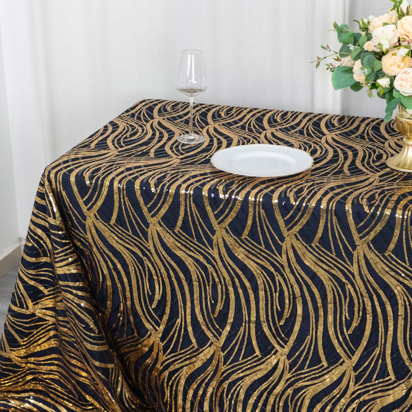 Mesh 90x156 Rectangle Tablecloth Black/Gold - Wave Sequin Embroidered Table Cover