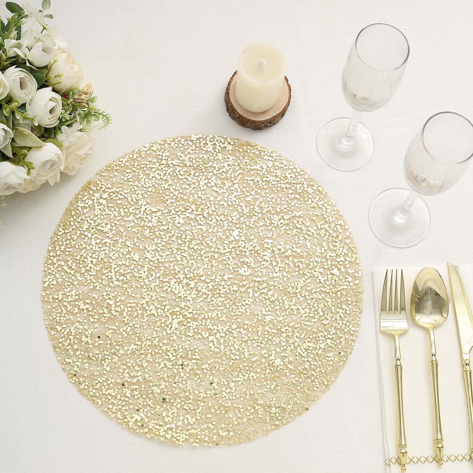 10-Pack Table Placemats Sequin Design Metallic Gold Round - Mesh Disposable Dust-Free Dining Mats 13