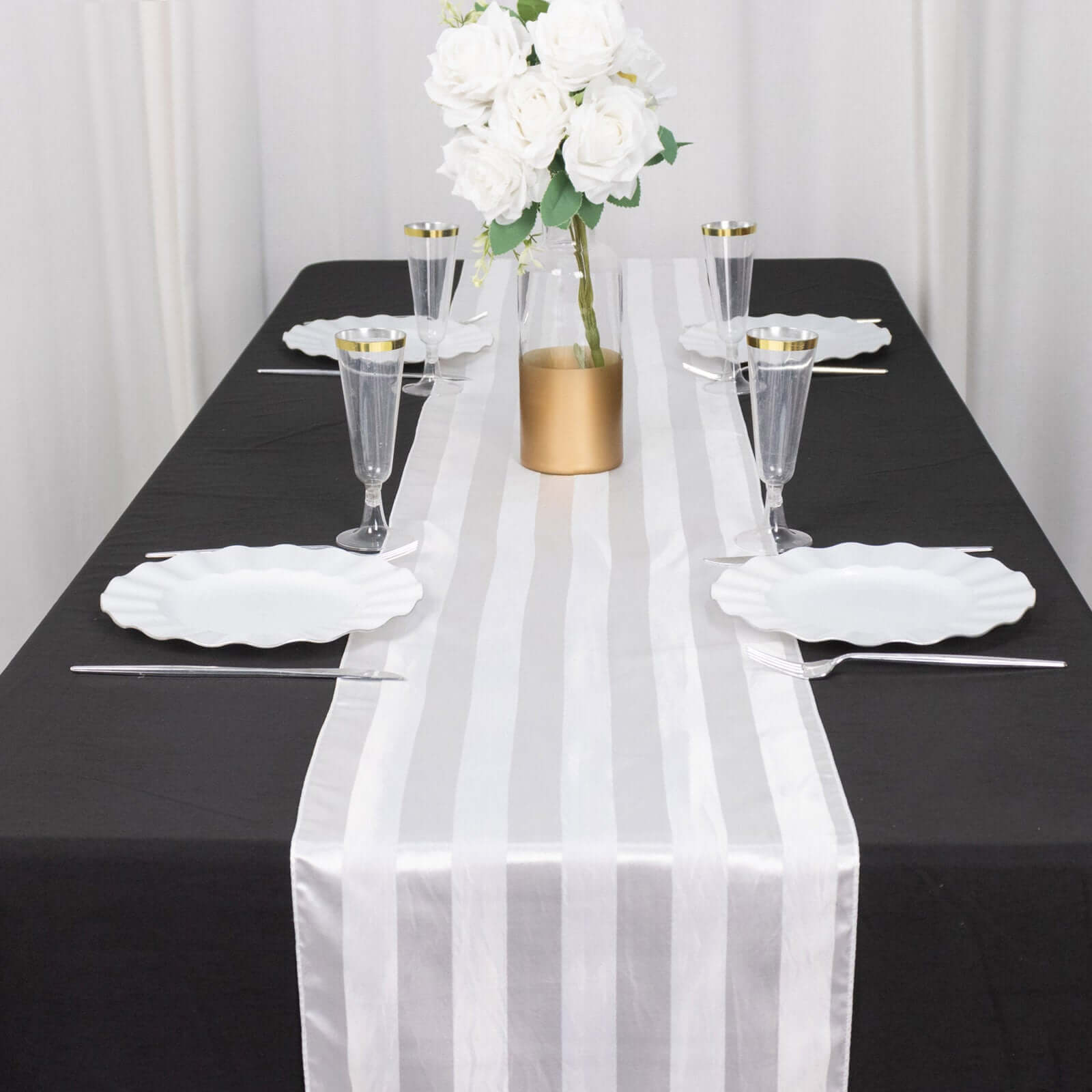 Satin 12x108 Table Runner White - Stripe Classic Wedding & Event Table Decor