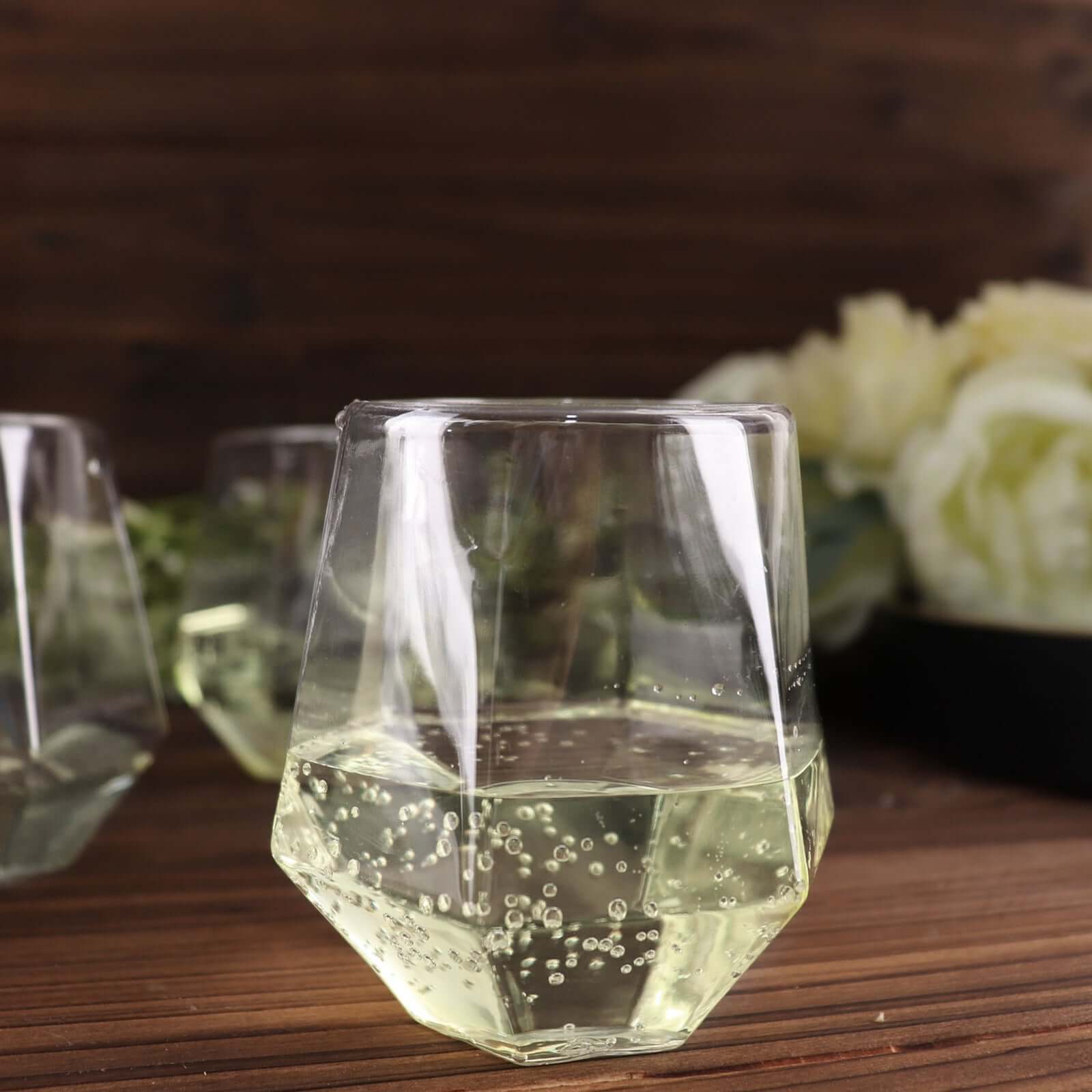 12-Pack Plastic Stemless Wine Glasses Clear Diamond Shaped - Reusable Whiskey Cups 12oz