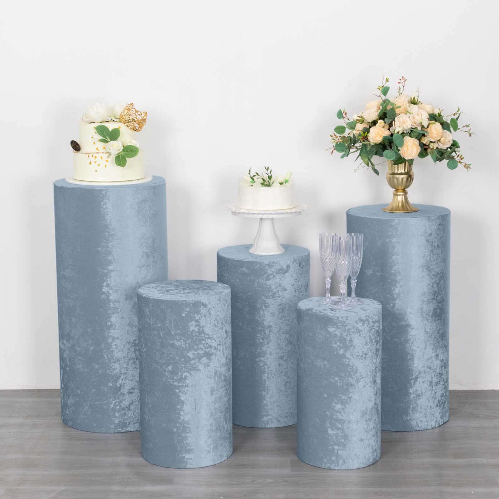 Set of 5 Dusty Blue Crushed Velvet Cylinder Pedestal Stand Covers, Premium Pillar Prop Covers