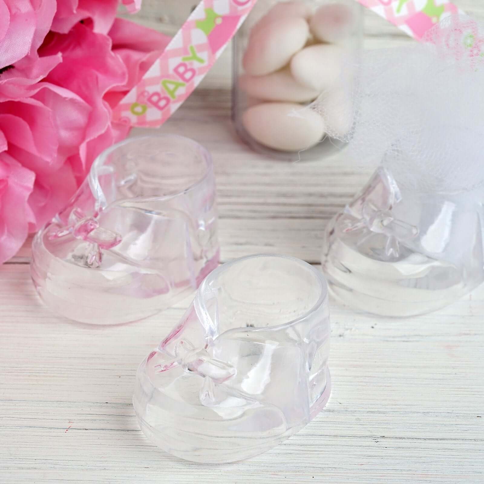 13 Pack 2.5 Clear Fillable Plastic Baby Booties Party Favor Boxes, Transparent Baby Shower Candy Gift Boxes