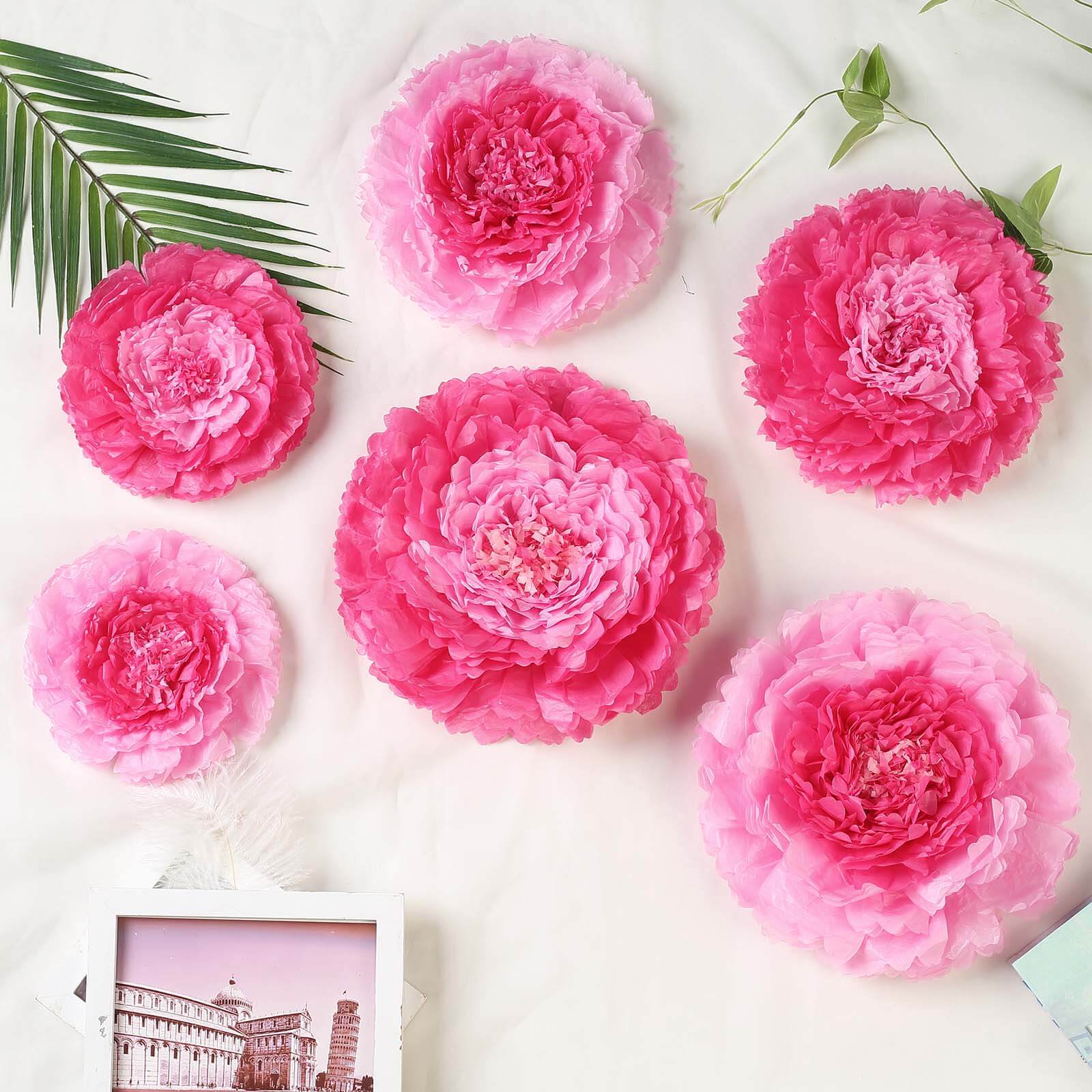 Set of 6 Pink Fuchsia Carnation 3D Paper Flowers Wall Decor - 7,9,11