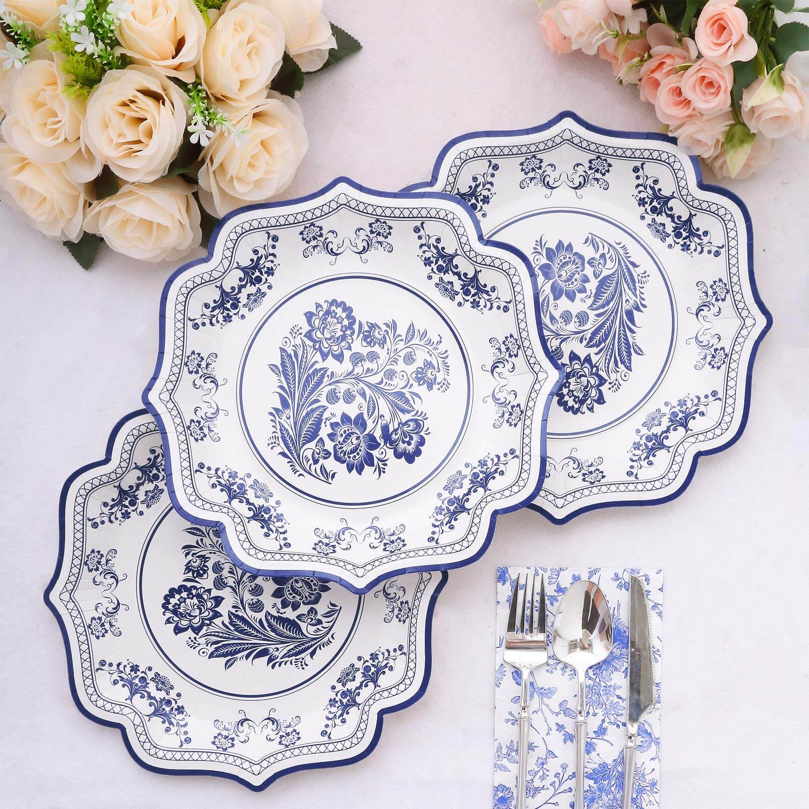 25-Pack Paper Dinner Plates in White with Light Blue French Toile Print & Scallop Rim - Stylish Disposable 300GSM Floral Party Plates 10