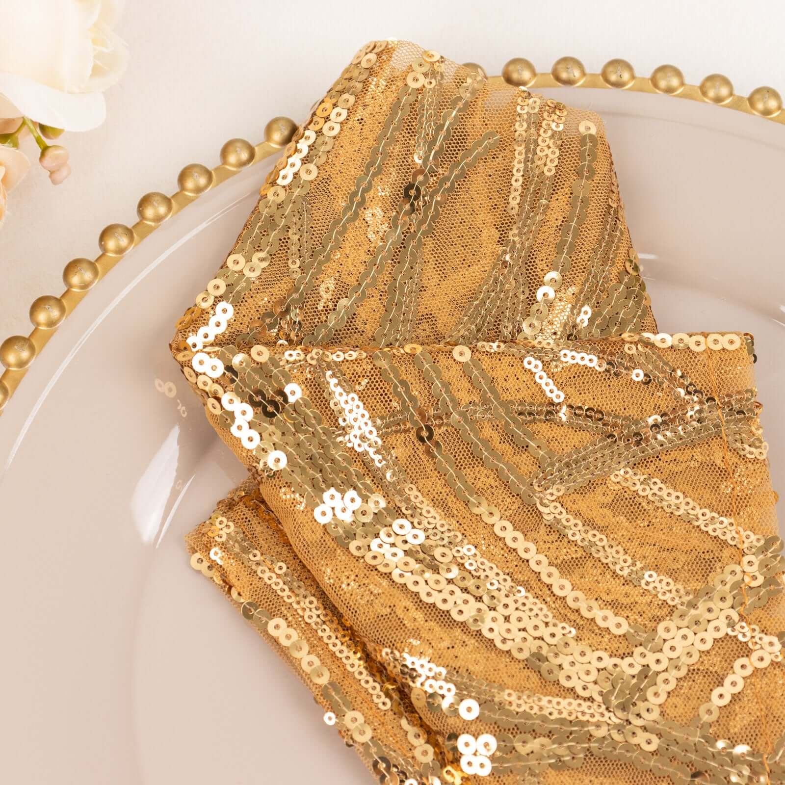 Sequin Mesh 20x20 Napkin Gold - Wave Embroidered Reusable Cloth Napkin for Glitzy Table Settings