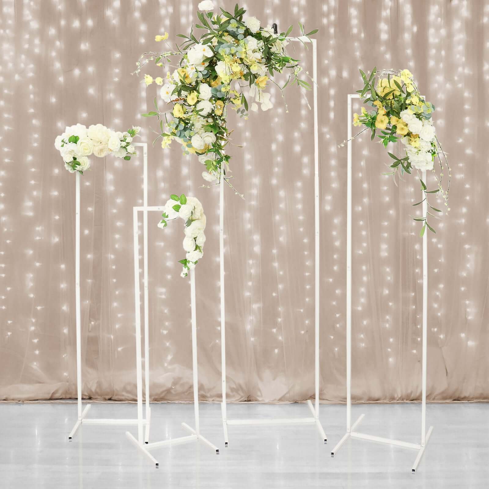 Set of 4 Wedding Arches Slim White Metal Rectangular Design Backdrop Stands - Floral Display Frames 3.6ft-6.5ft