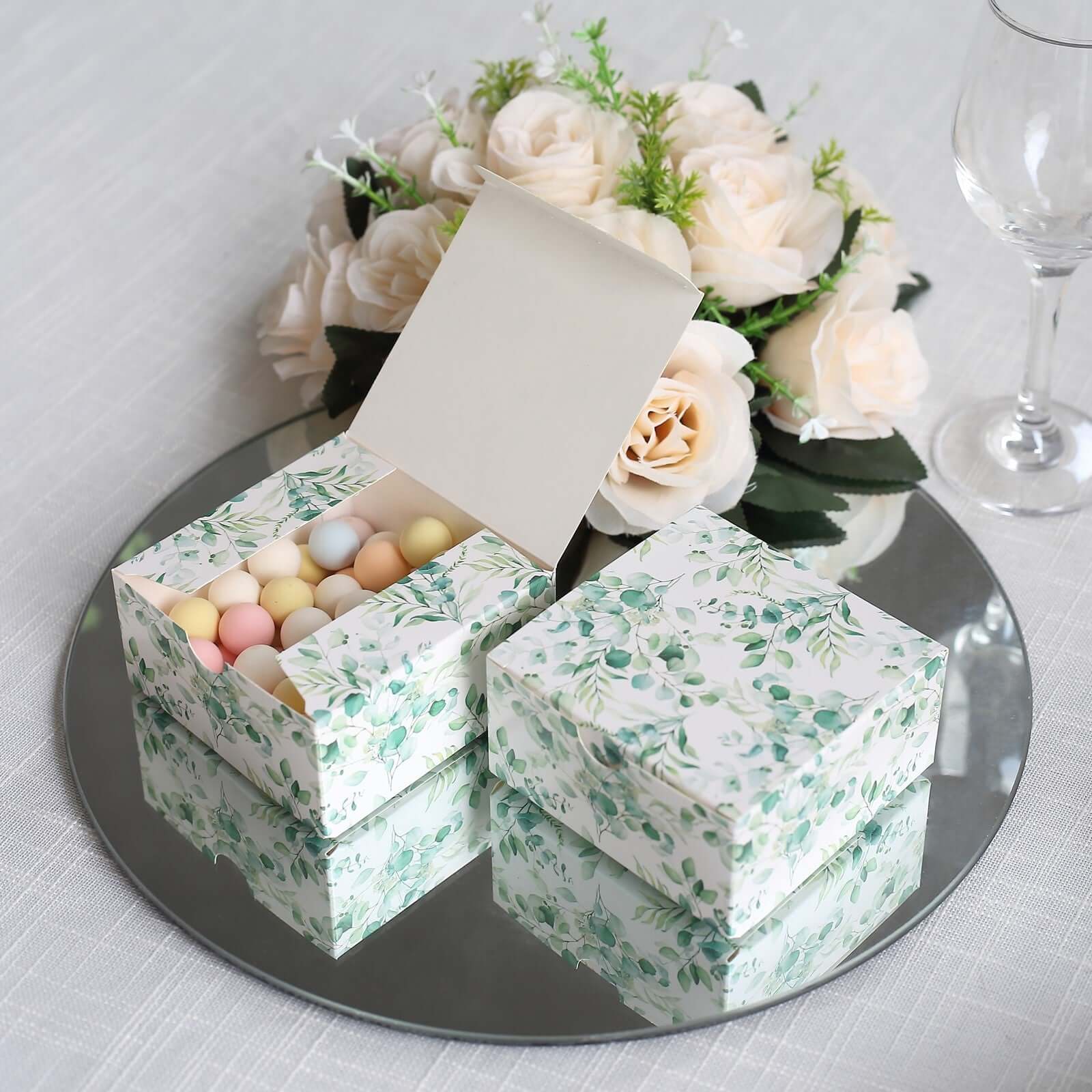 25 Pack White Green Eucalyptus Leaves Print Paper Favor Boxes, Cardstock Party Shower Candy Gift Boxes - 4x4x2