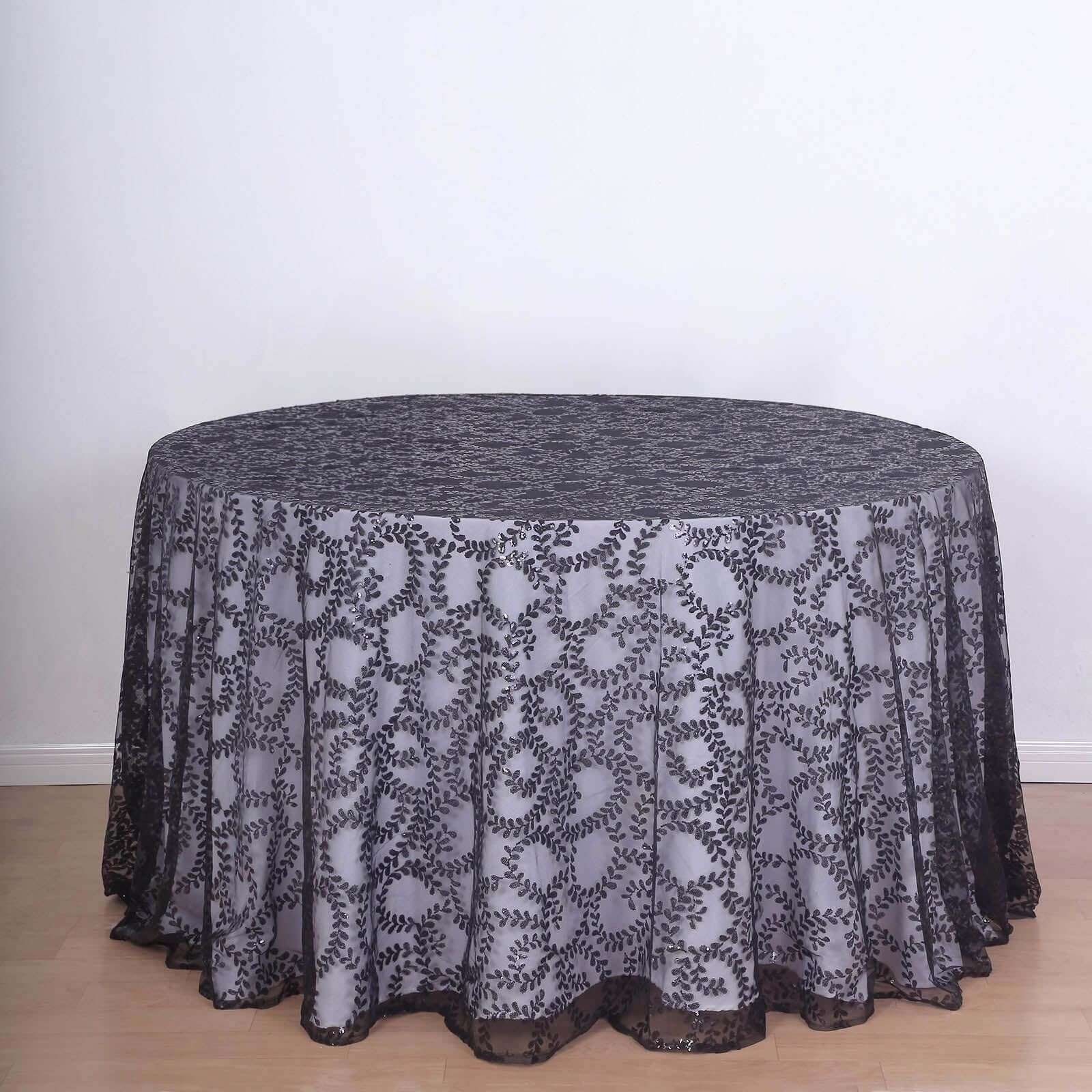 Tulle 120 Round Tablecloth Black - Seamless Sequin Leaf Embroidered Table Cover