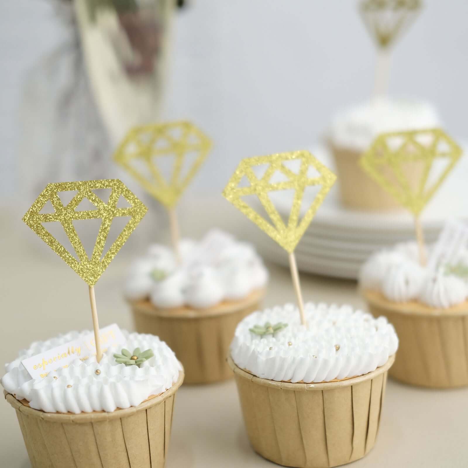 24-Pack Cupcake Toppers Diamond Ring Design Glitter Gold - Party Cake Picks Engagement Decoration Supplies