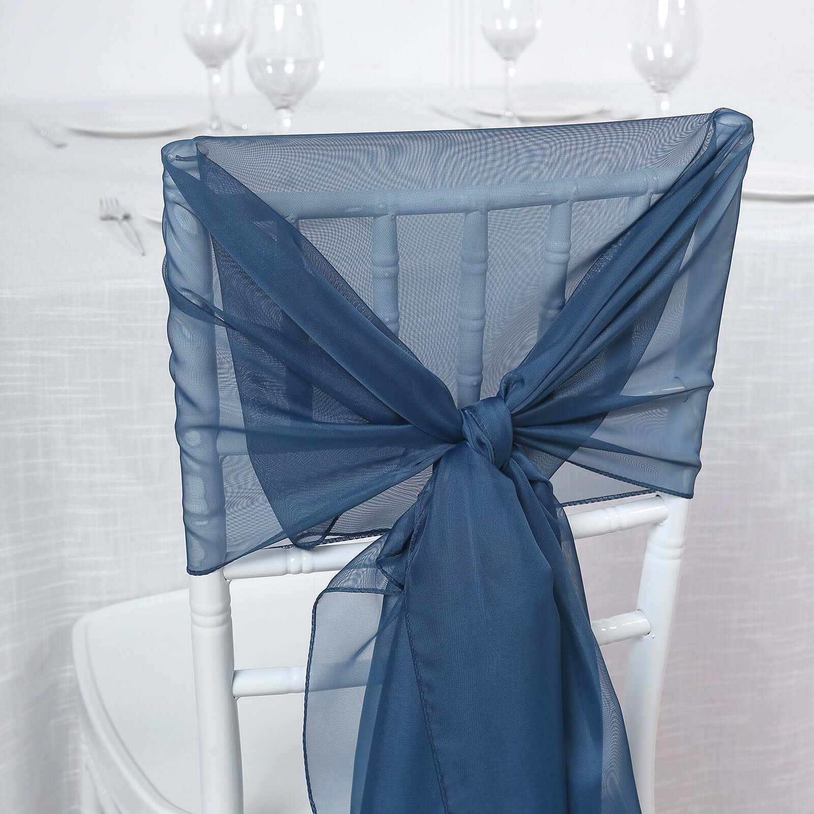 5 Pack Premium Chiffon Chair Sashes Navy Blue - Soft & Lightweight Designer Chair Bows 22x78