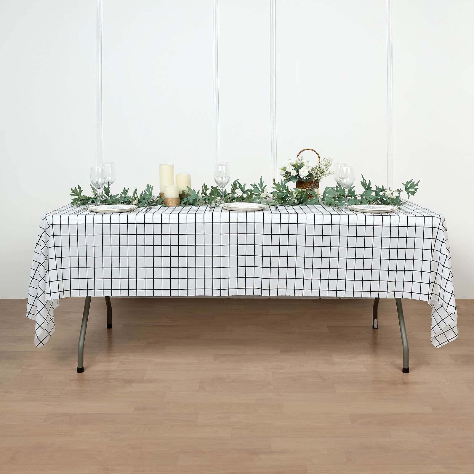 5-Pack Plastic Table Covers Black/White Grid Rectangle - Durable Checkered PVC Disposable Tablecloths 54x108