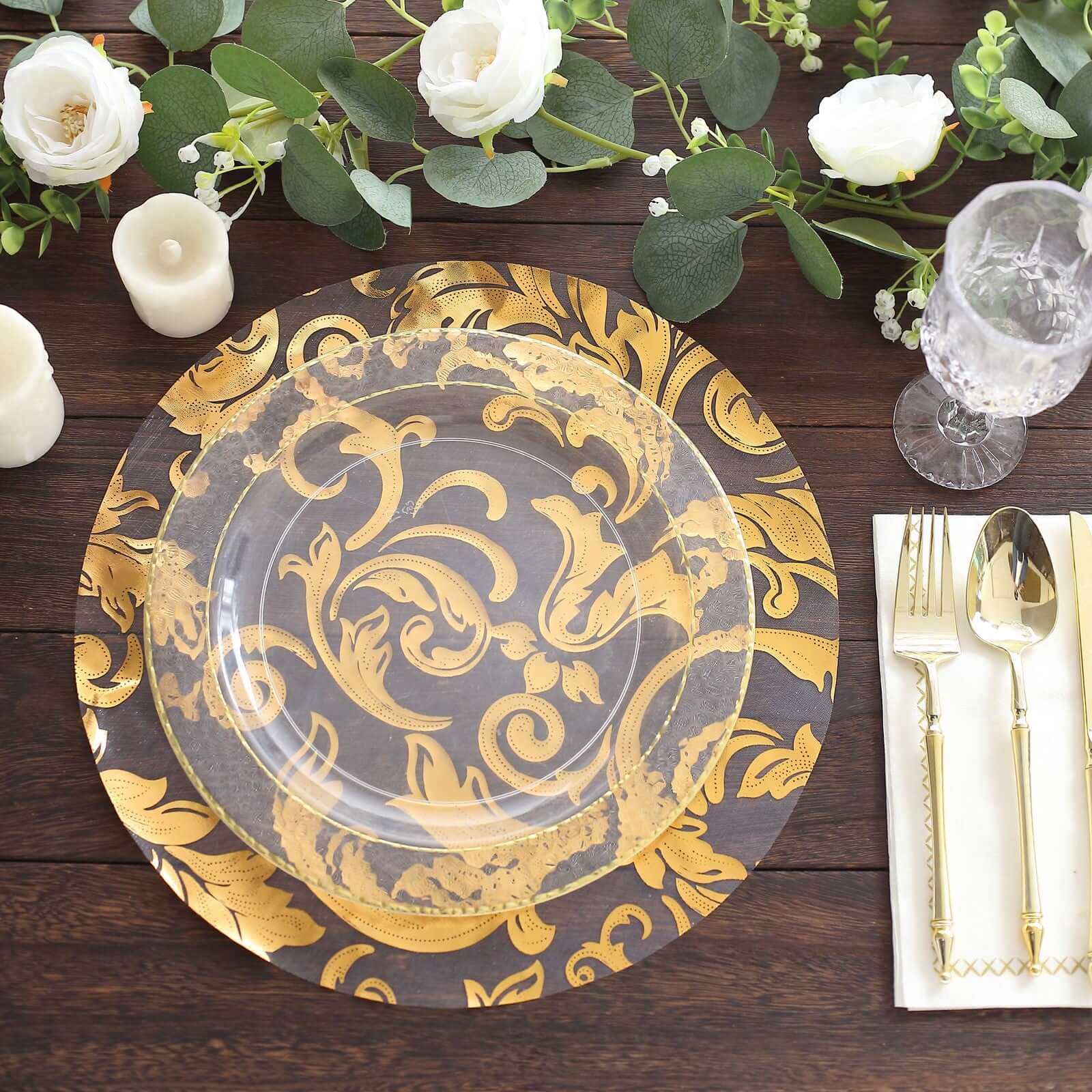 10-Pack Table Placemats Swirl Foil Floral Design Metallic Gold Round - Sheer Organza Disposable Mats 13