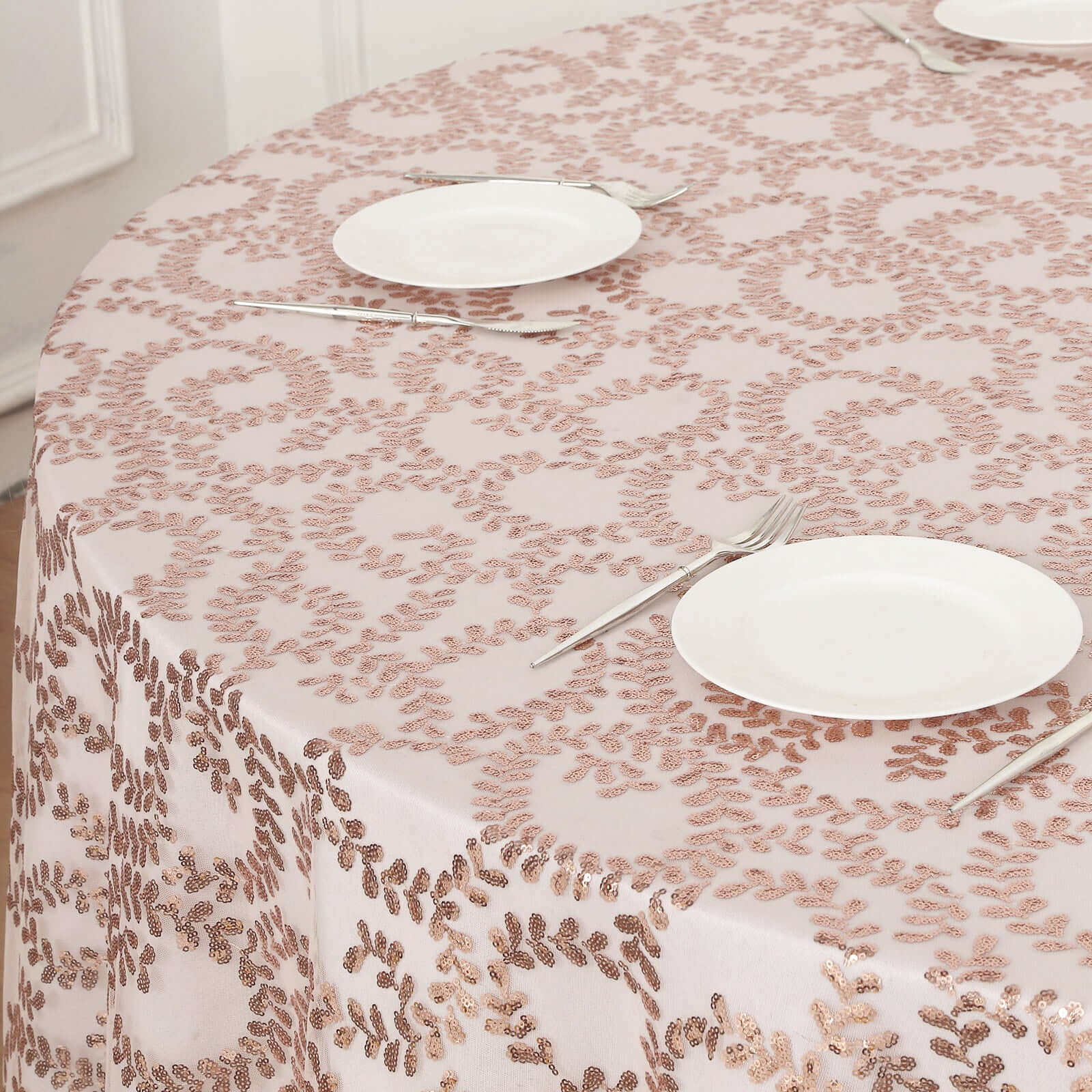 Tulle 120 Round Tablecloth Rose Gold - Seamless Sequin Leaf Embroidered Table Cover