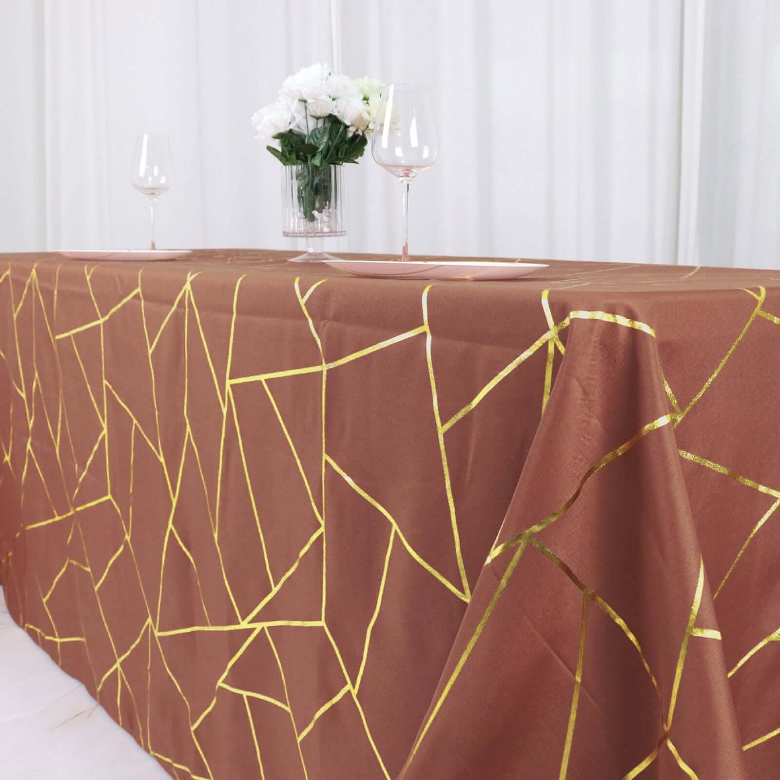 Polyester 90x132 Rectangle Tablecloth Terracotta (Rust) with Gold Foil Geometric Pattern - Wrinkle-Resistant Seamless Table Cover