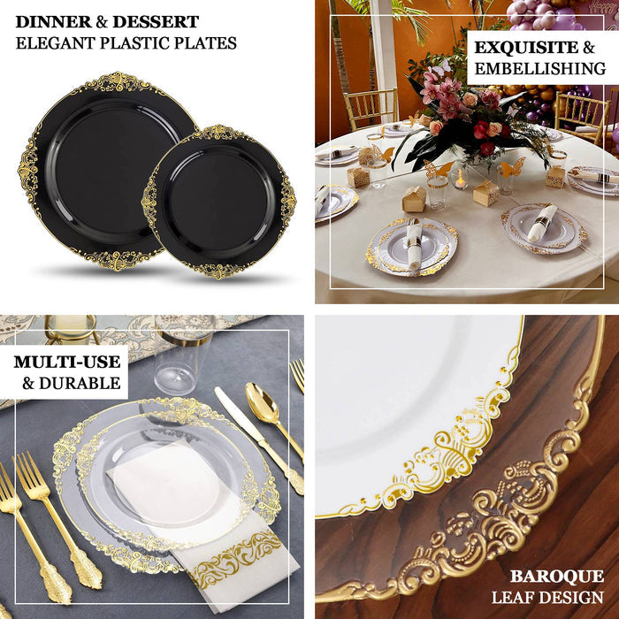 10-Pack Plastic 8 Round Dessert Plates in Transparent Black with Gold Leaf Embossed Rim - Disposable Vintage Baroque Style Salad Plates