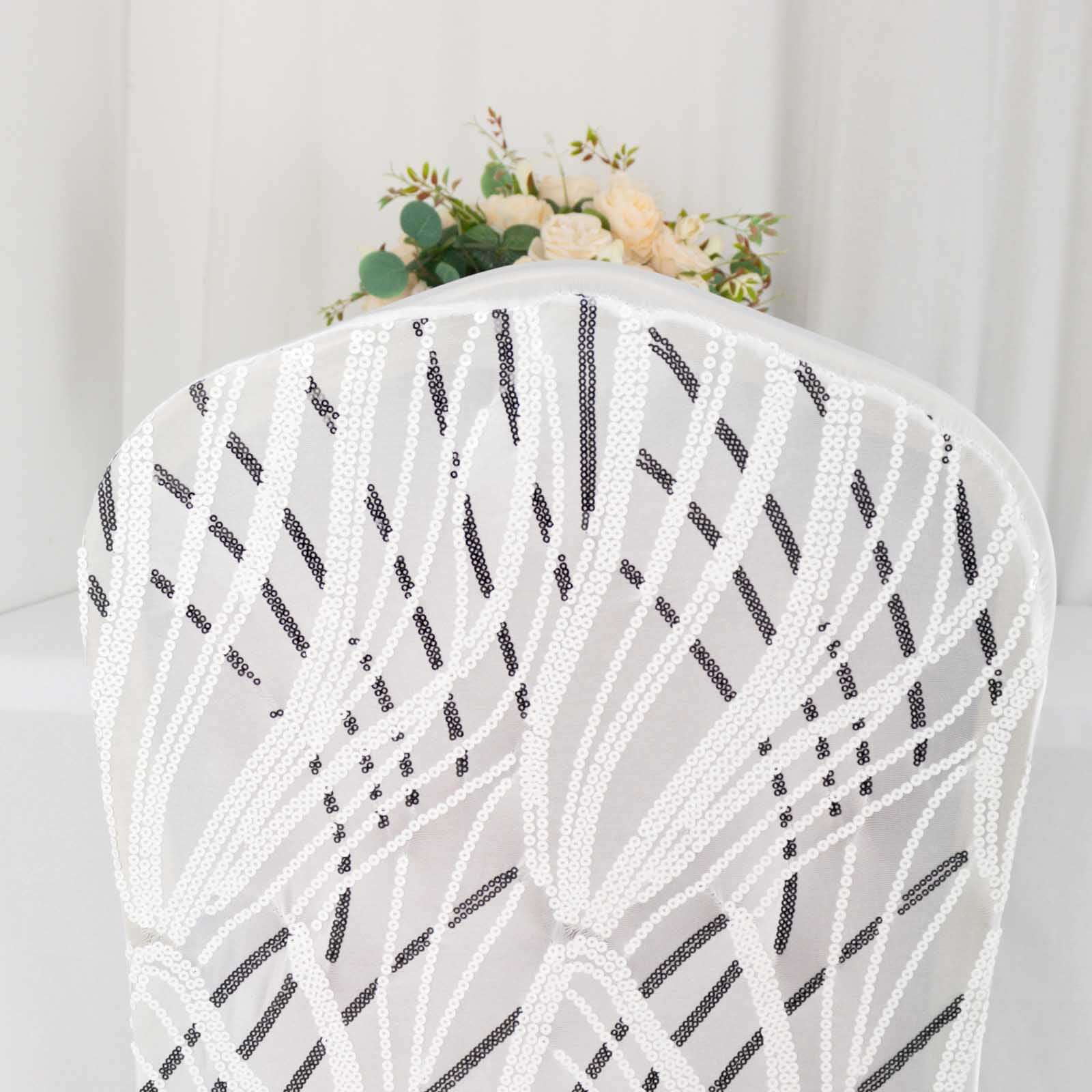 Spandex Chair Cover with Wave Embroidered Sequins for Banquet Chairs White/Black - Luxe Glittering Stretch Fitted Slipcover