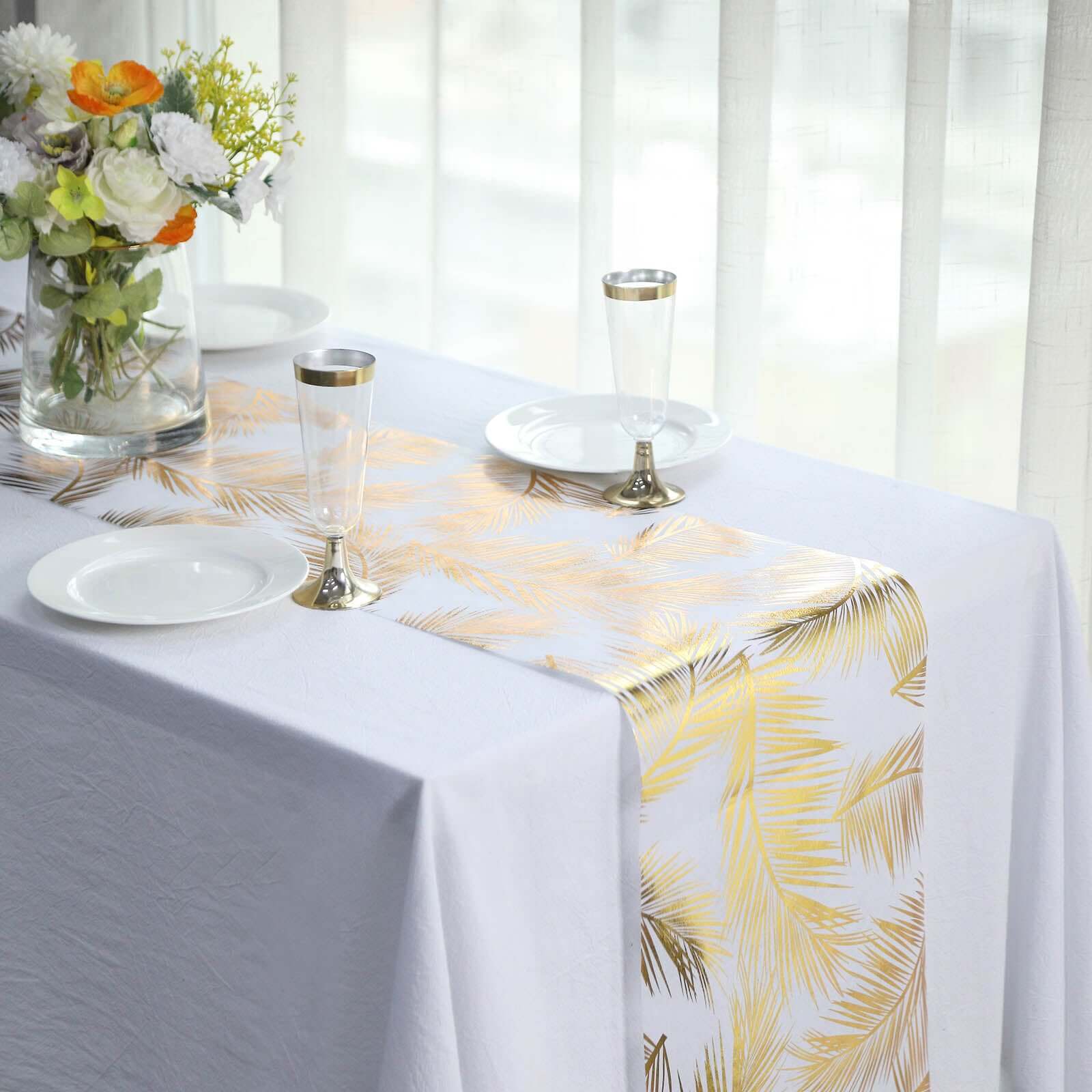 Disposable Table Runner Roll 108 Metallic Gold Foil Palm Leaves Print - Chic Non-Woven Tropical Table Decor for Events