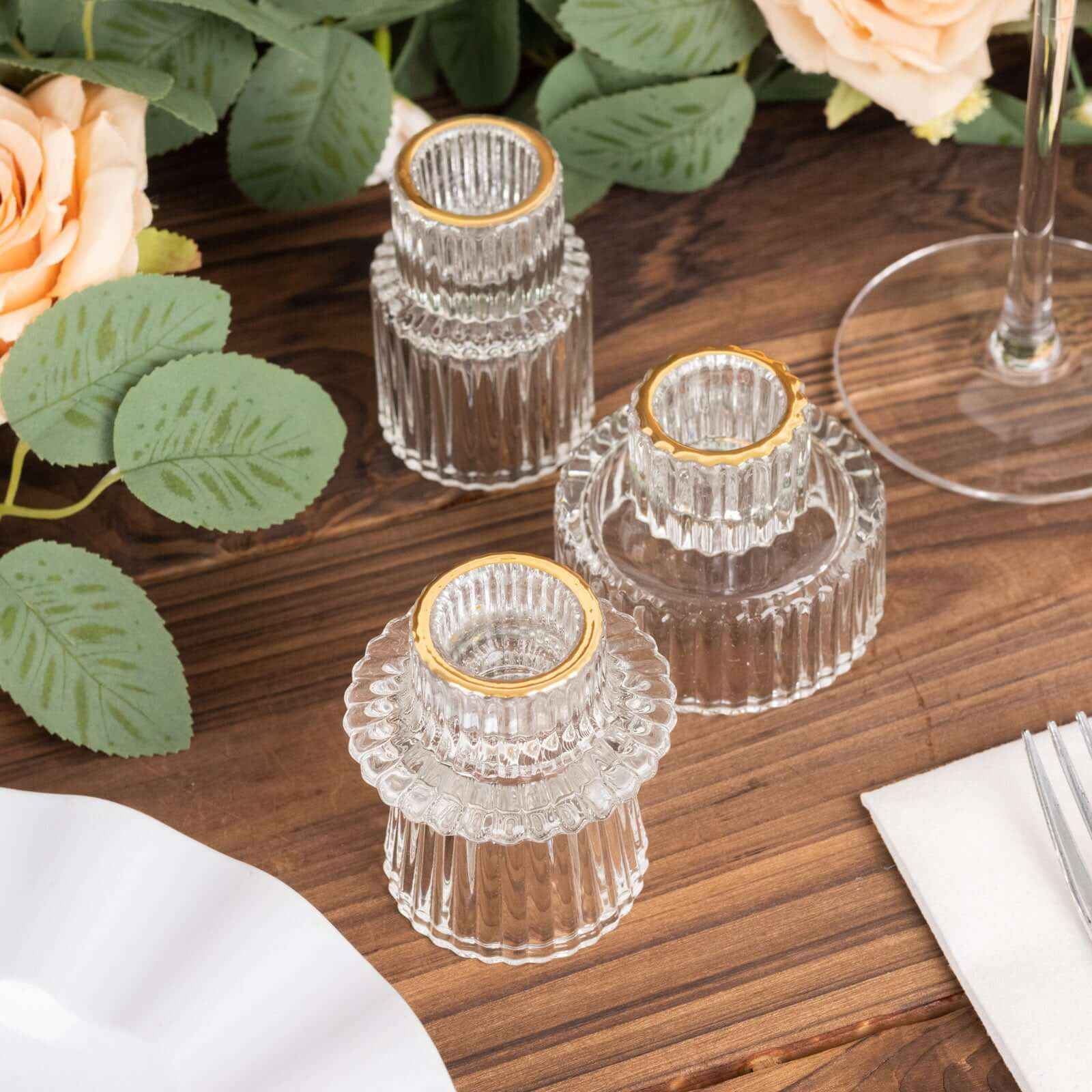 Set of 6 Glass Taper Candle Holders Ribbed Crystal Design with Gold Rim Clear - Reversible Mini Votive Tealight Stands 3