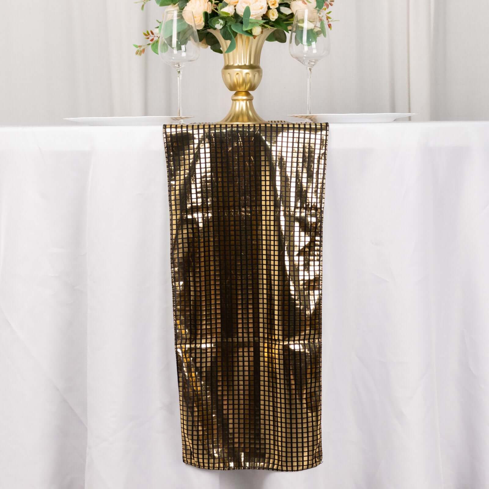 Mirror Foil Polyester 12x108 Table Runner Black with Gold Metallic Square - Shiny Disco Theme Party Table Decor