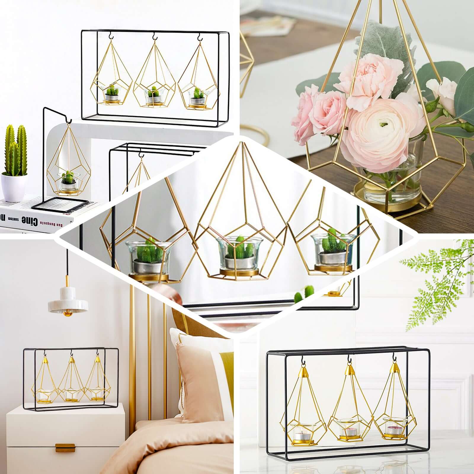 3-Pack Hanging Candle Holders Gold Geometric Design 8 with Black Iron Stand - Trendy Tealight Centerpieces for Tables 10 Tall