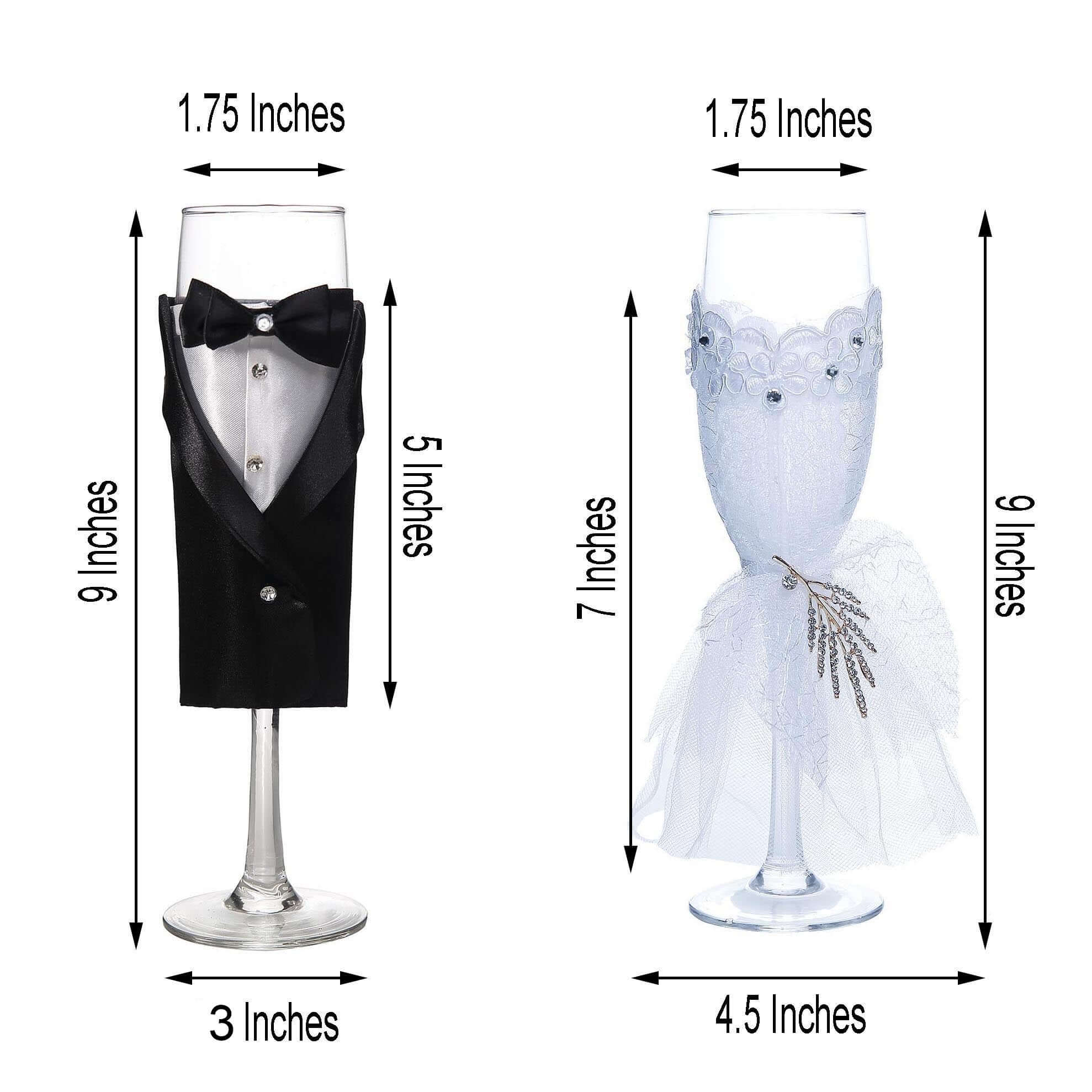 Set of 2 Clear Champagne Flutes with Black Bride and Groom Koozies - Wedding Toast Glasses 9