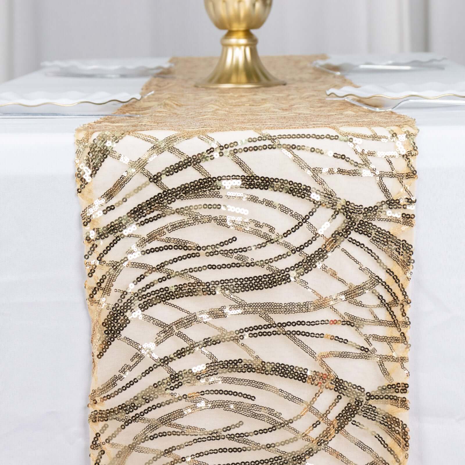 Sequin Mesh 12x108 Table Runner Champagne Stylish Wave Embroidery